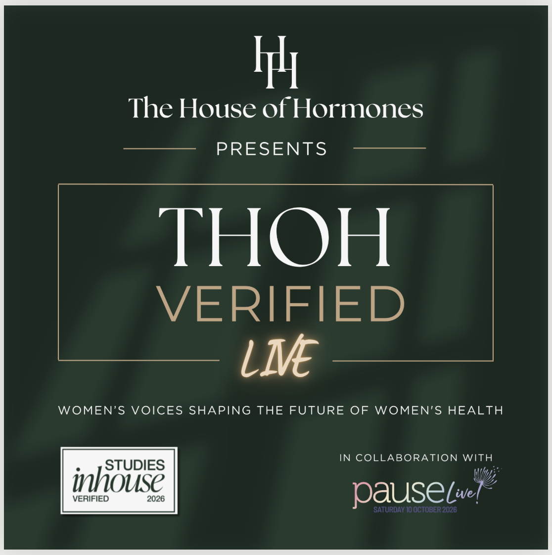 dark green digital flyer for the house of hormones x pause live event