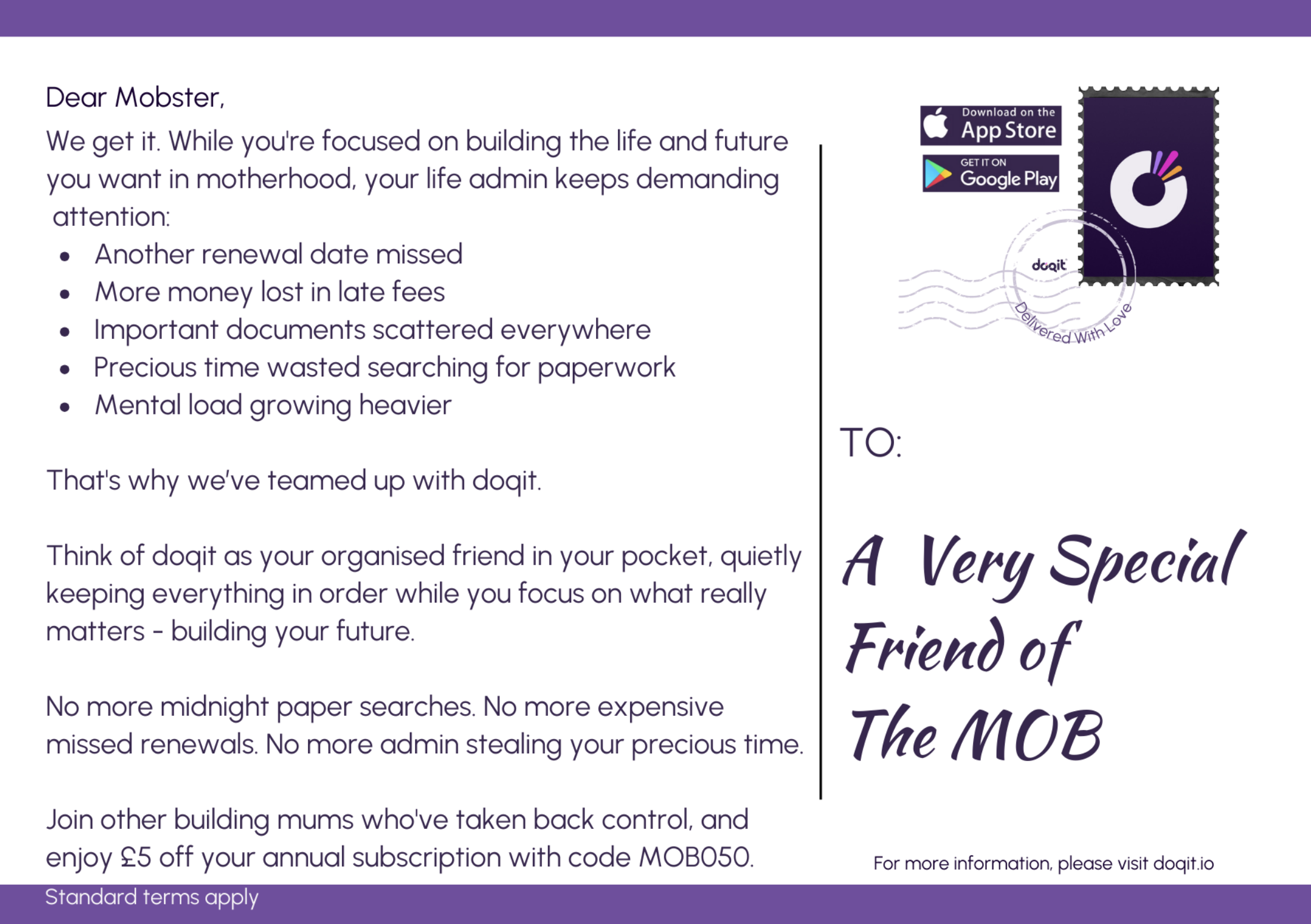 A postcard with a purple theme, featuring stamps, a message about a teamwork app called doqit, and a promotional code for a discount.