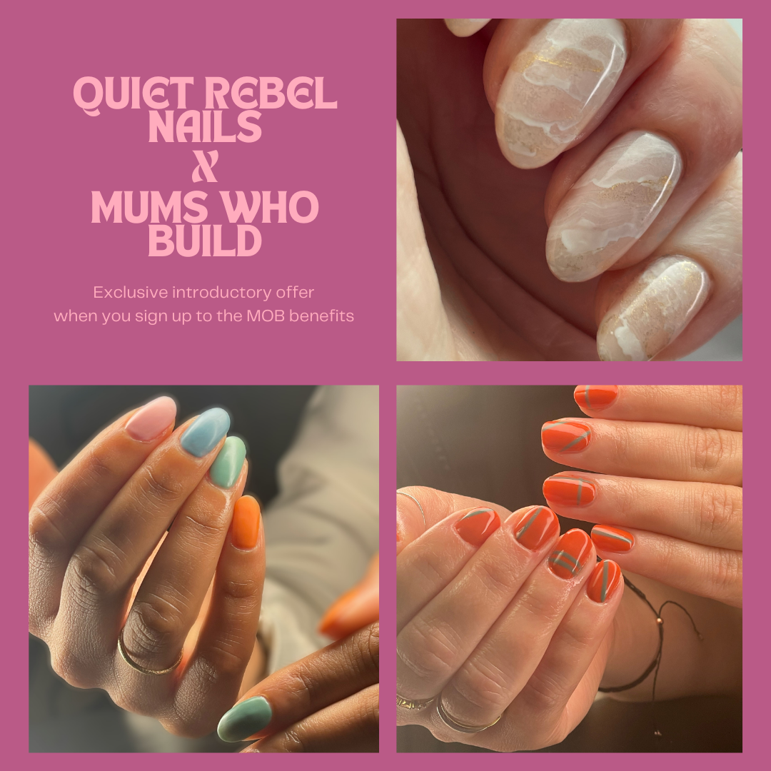 Collage of three images showing different colorful nail designs, with promotional text on a purple background.