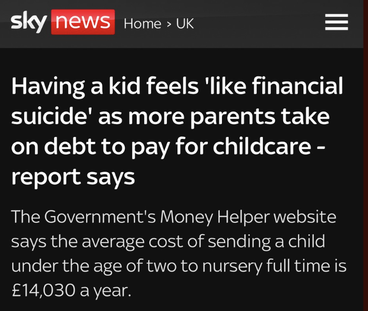Collage of press headlines highlighting challenges for parents and women: Sky News states that having a child feels ‘like financial suicide’ as parents take on debt to pay for childcare