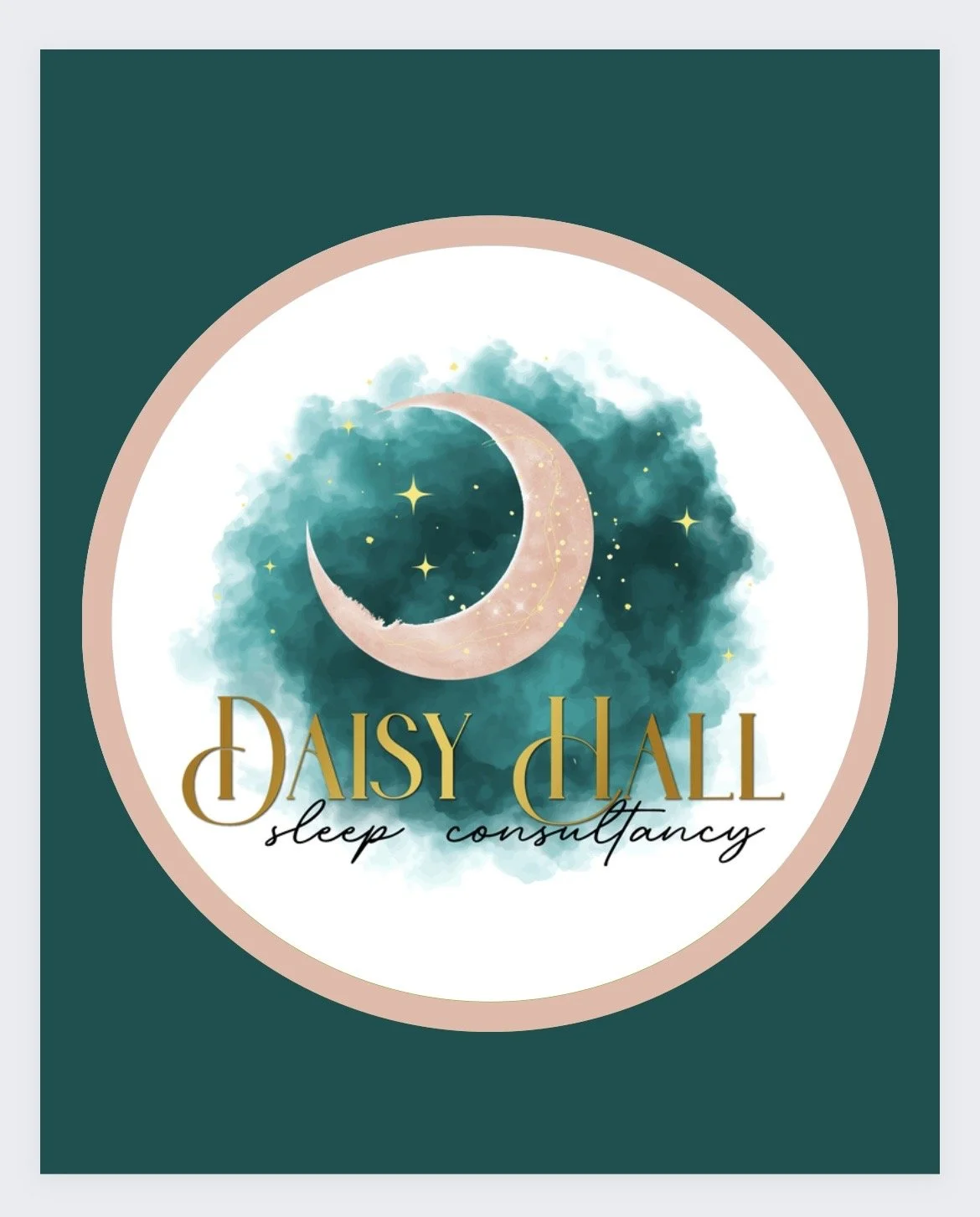 Logo for Daisy Hall Sleep Consultancy featuring a crescent moon, stars, and a green watercolor background with the business name in gold and black text.