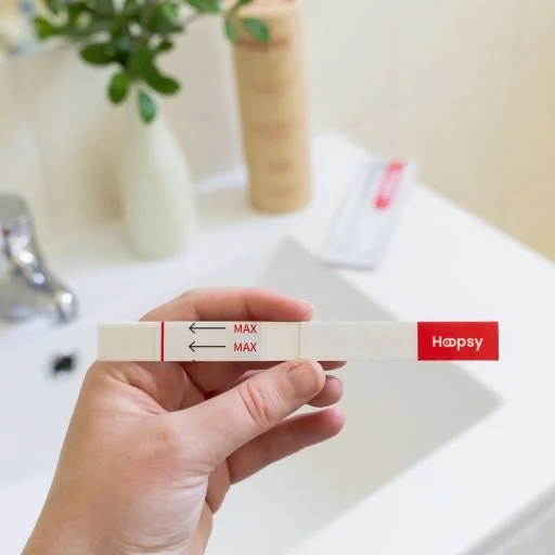 Hand holding a pregnancy test with two red lines, indicating a positive result, in a bathroom with a sink, faucet, and a potted plant in the background.