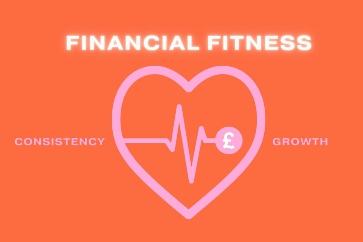 An orange background with a pink heart outline containing a line graph resembling a heartbeat, a pound symbol (£) inside a circle, and the words 'Financial Fitness' at the top. The words 'Consistency' and 'Growth' are on the left and right sides of the heart.