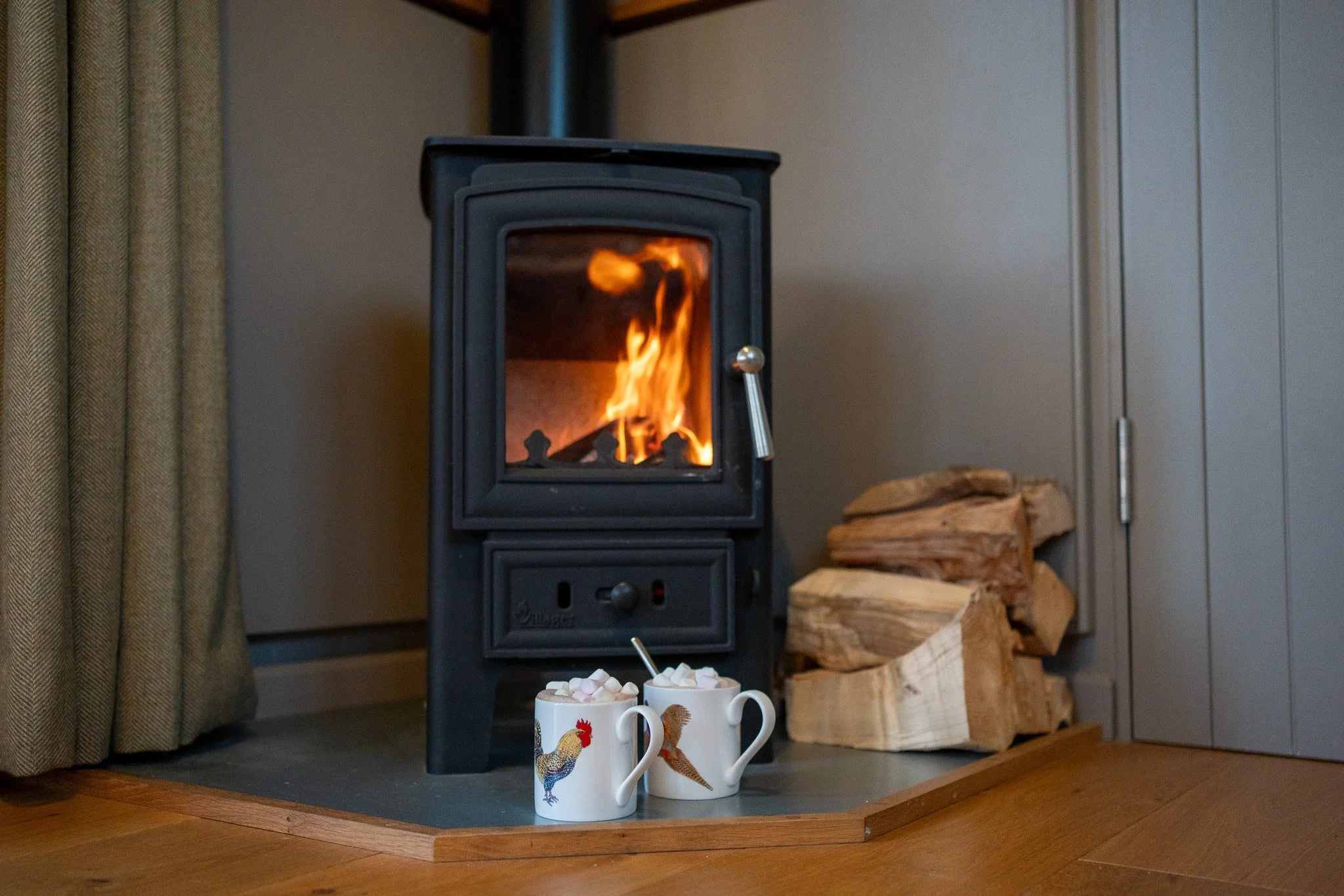 Lit log burner in a cosy holiday let, creating a warm and inviting atmosphere