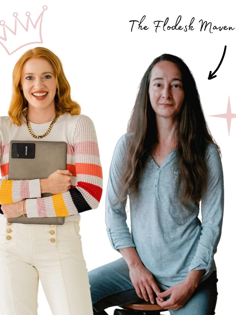 A woman with red hair smiling, holding a tablet, standing next to a woman with long dark hair, sitting on a stool. The image has text reading 'The Flodesh Maven' with a pink crown and star design in the background.