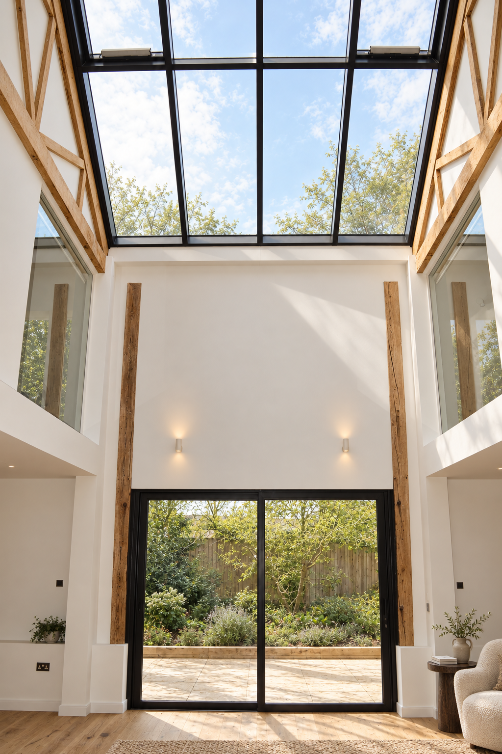Talbots Barn: double-height living space with a glazed roof between the original oak frame