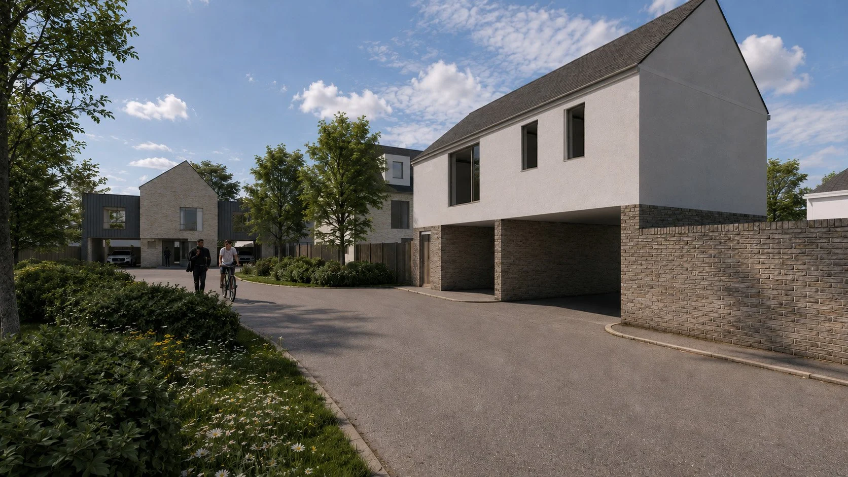 Writtle Road, Chelmsford: the entrance lane with a coach house over car ports and gabled homes beyond
