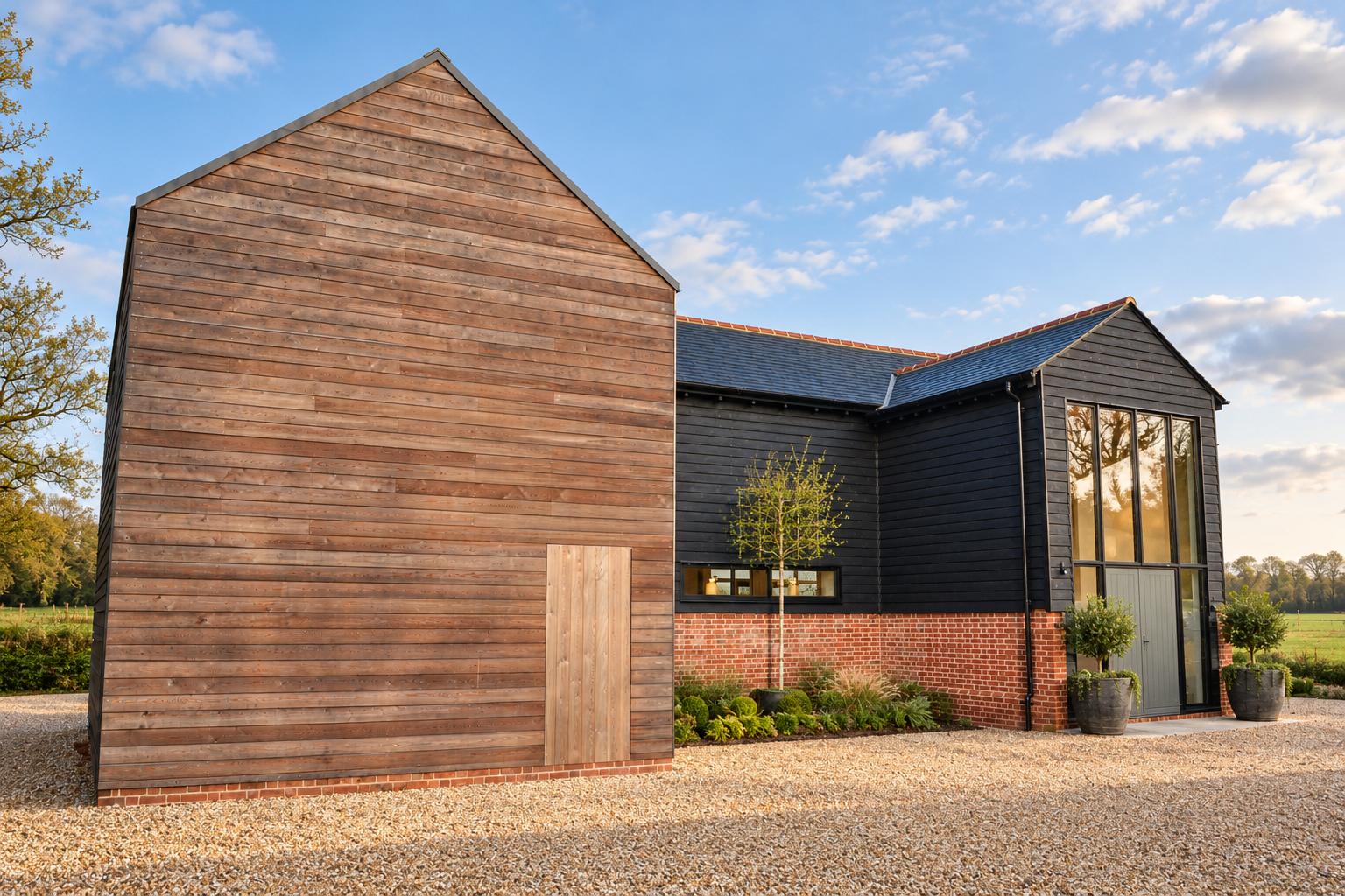 Timber-clad gable of the new build extension beside the black weatherboarded barn and glazed entrance at Little Nuntys