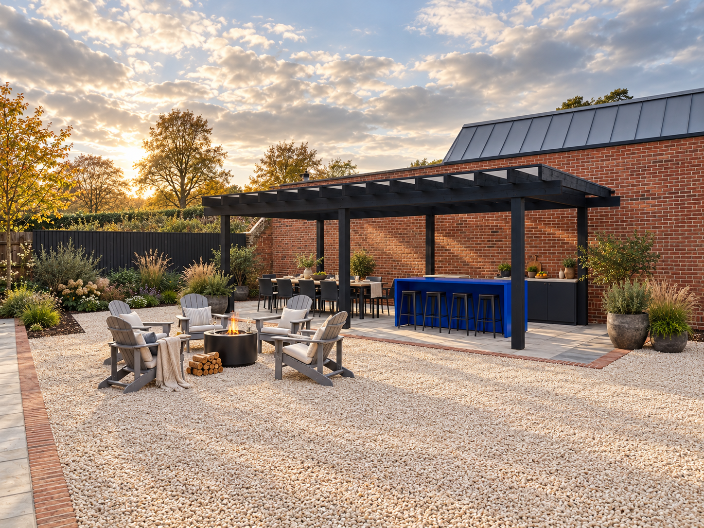 Courtyard garden with pergola and outdoor kitchen at Talbots Barn, a Grade II listed barn in Poslingford, Suffolk