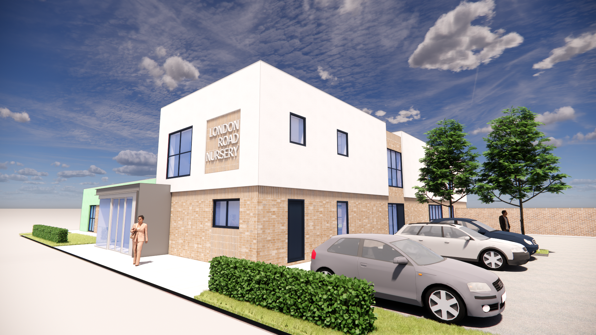 Render and buff brick two-storey nursery block with parking off London Road, Kelvedon