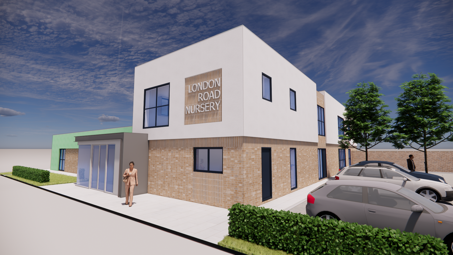 Two-storey corner block and glazed entrance of the new nursery school on London Road, Kelvedon, Essex
