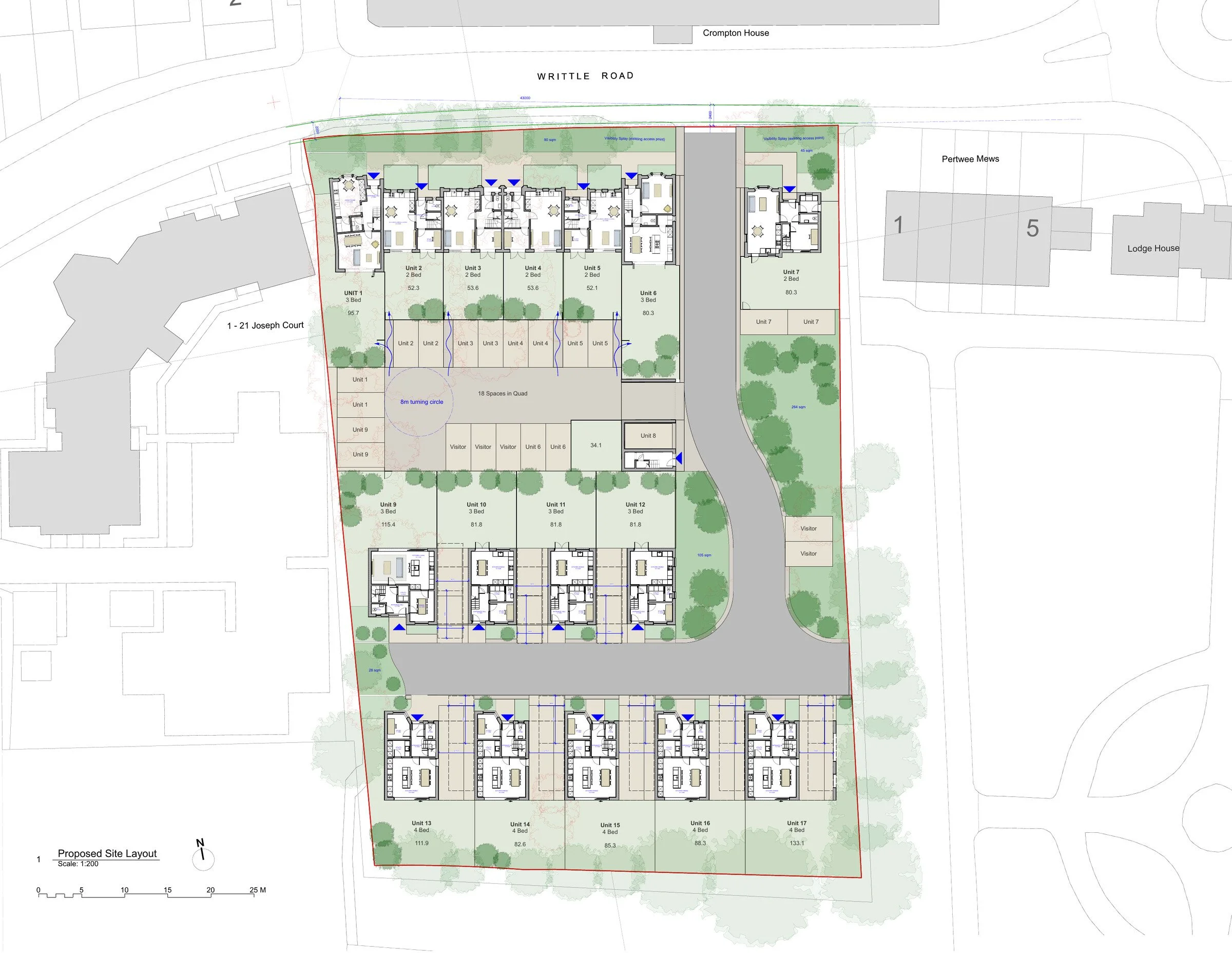 Proposed site layout for Writtle Road, Chelmsford: 17 homes around a landscaped lane, with parking in a courtyard