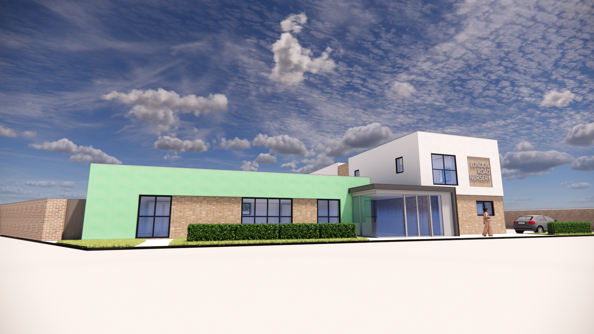 Street elevation of the Kelvedon nursery school: single-storey green wing, glazed entrance and two-storey corner block