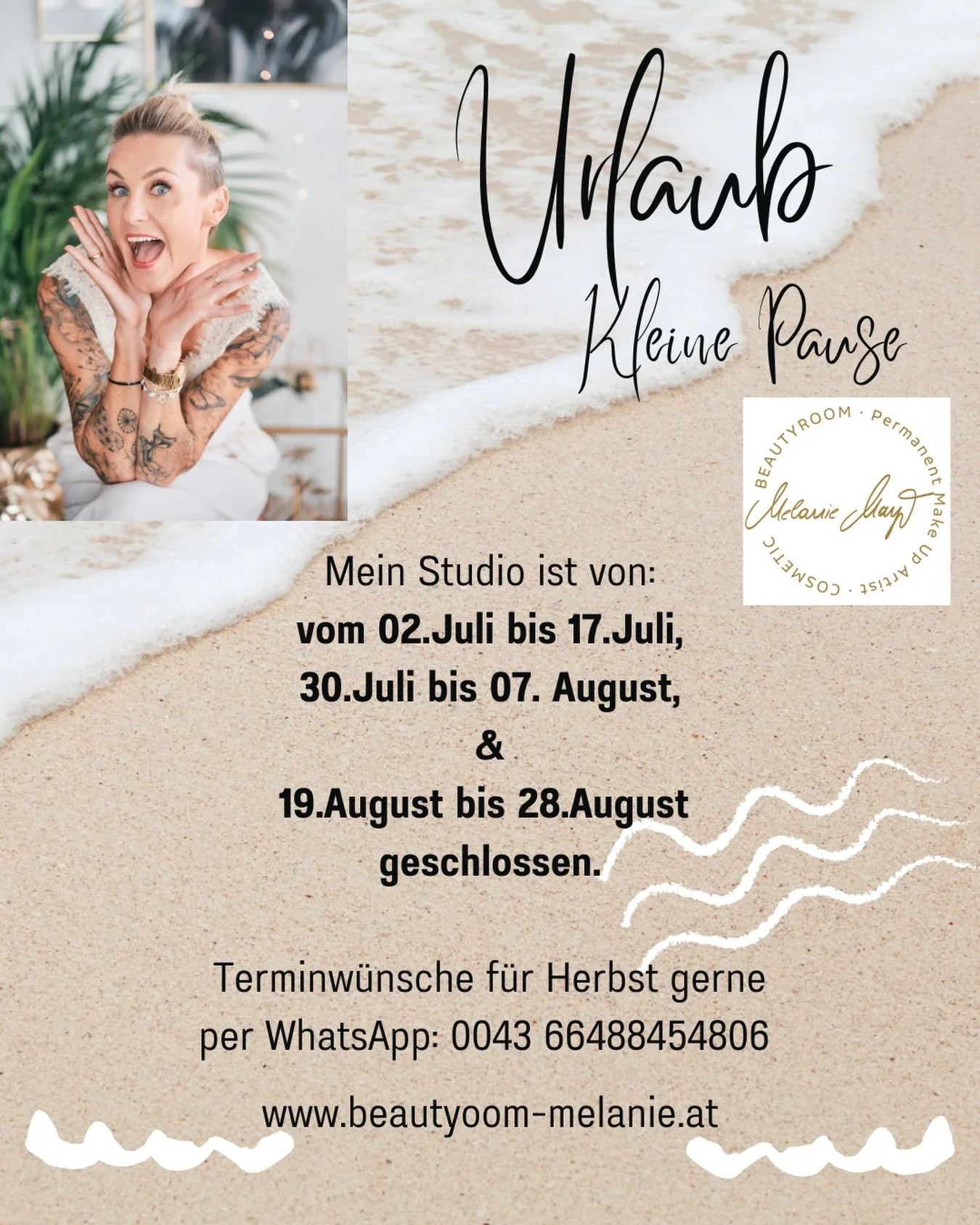 Liebe Freunde &amp; Kundinnen 💕

Im Juli &amp; August g&ouml;nne ich mir eine kleine Auszeit, um den Sommer mit Familie &amp; Freunden zu genie&szlig;en ☀️🌸

Wenn Ihr im September einen Termin im Beautyroom m&ouml;chtet, meldet Euch am besten schon
