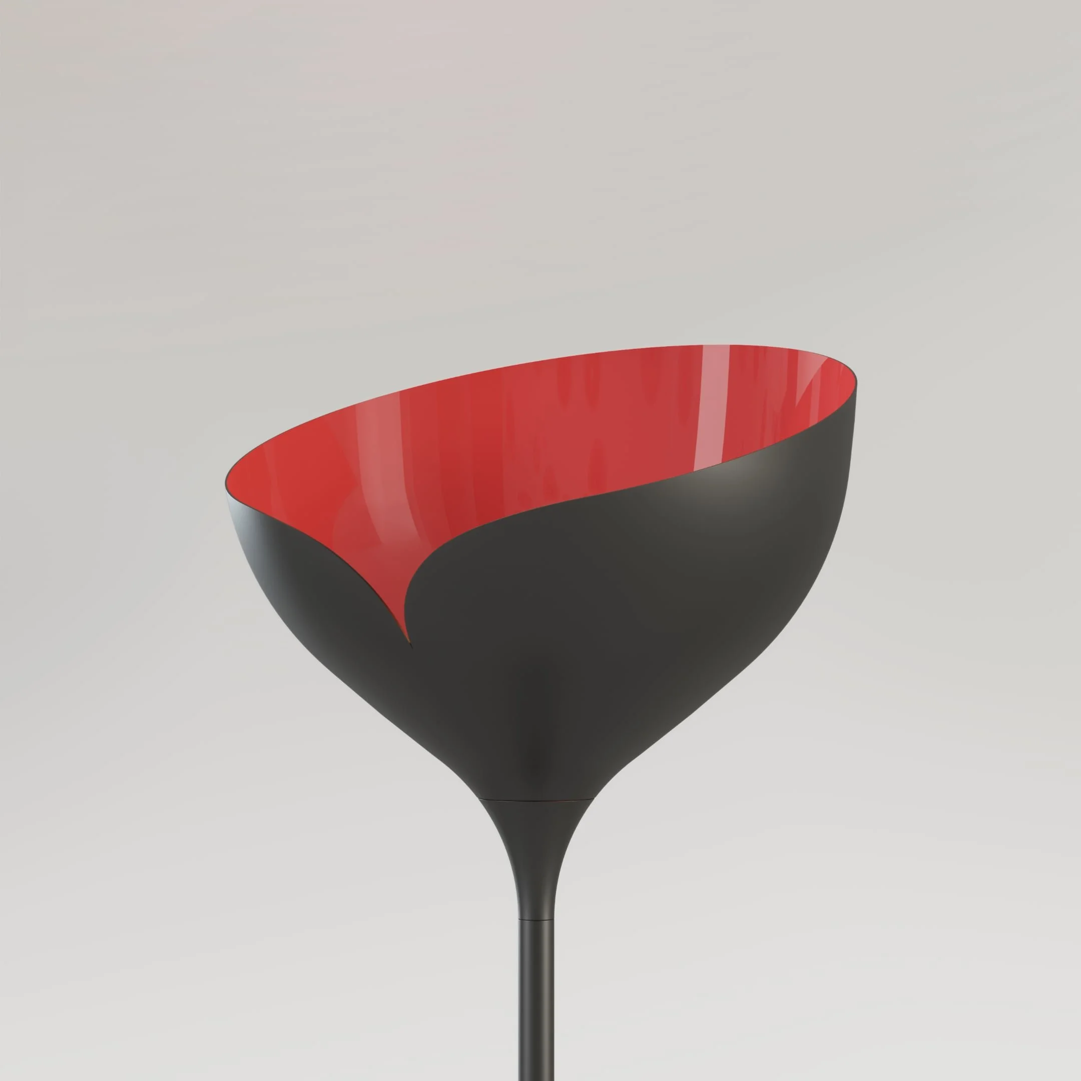 ail view of a Bloom floor light with a black body and red head. The light is switched off.