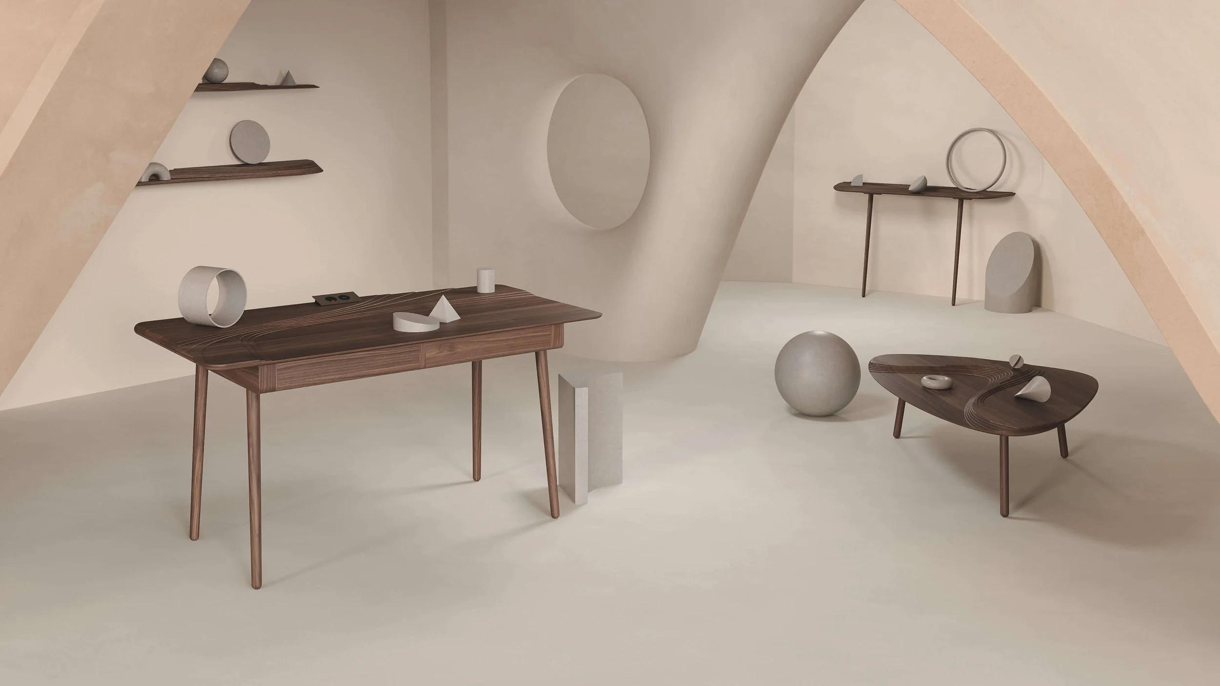 The full Terrace collection consists of wall shelves (three sizes), a desk, a coffee table and a console table. The range is inspired by farming practices employed in mountainous regions of the world.