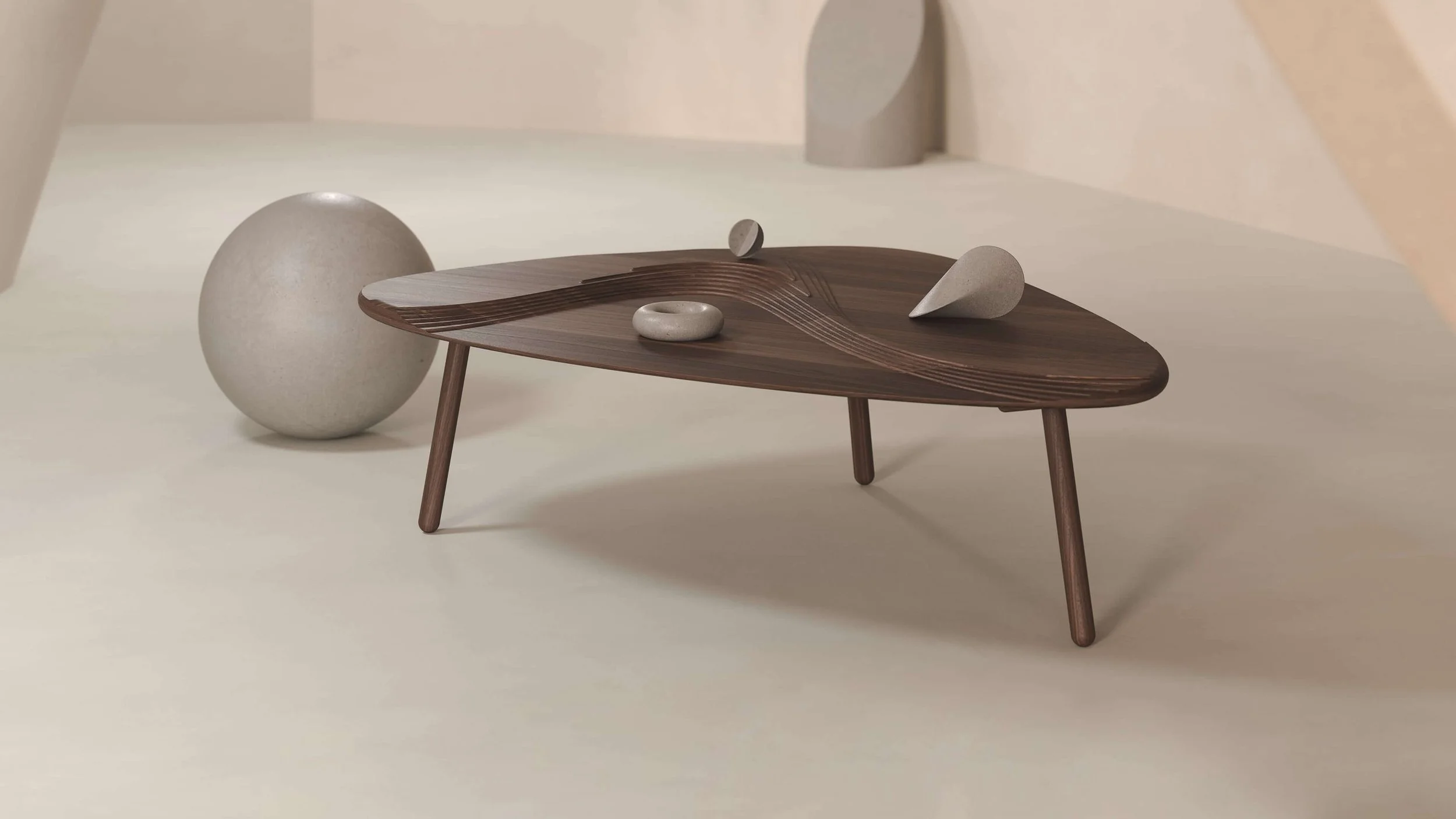 The full Terrace collection consists of wall shelves (three sizes), a desk, a coffee table and a console table. The range is inspired by farming practices employed in mountainous regions of the world.
