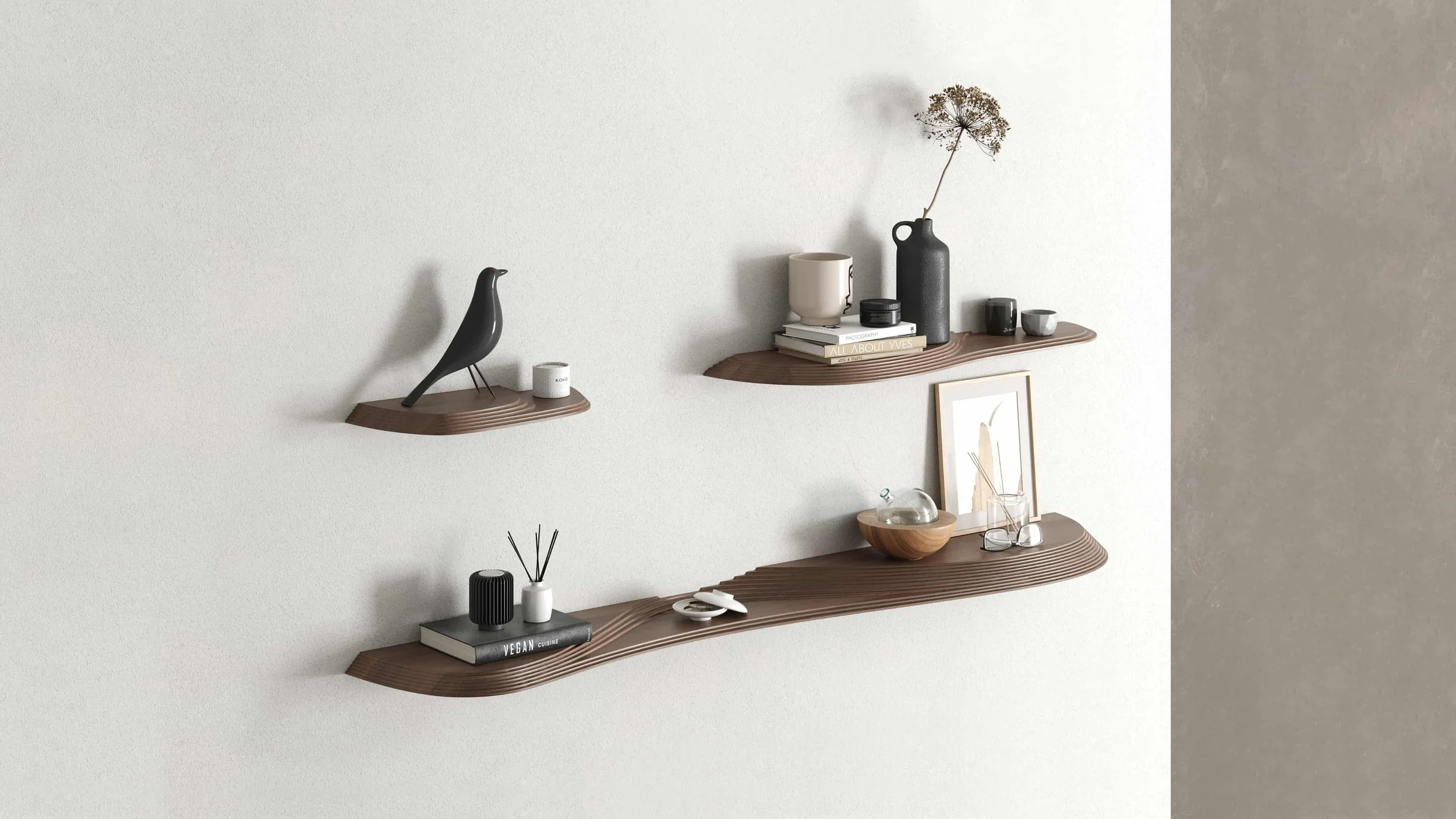 The terraces sweeping across the tops of the Terrace wall shelves create platforms at differing heights, allowing objects to be displayed in new and interesting ways.