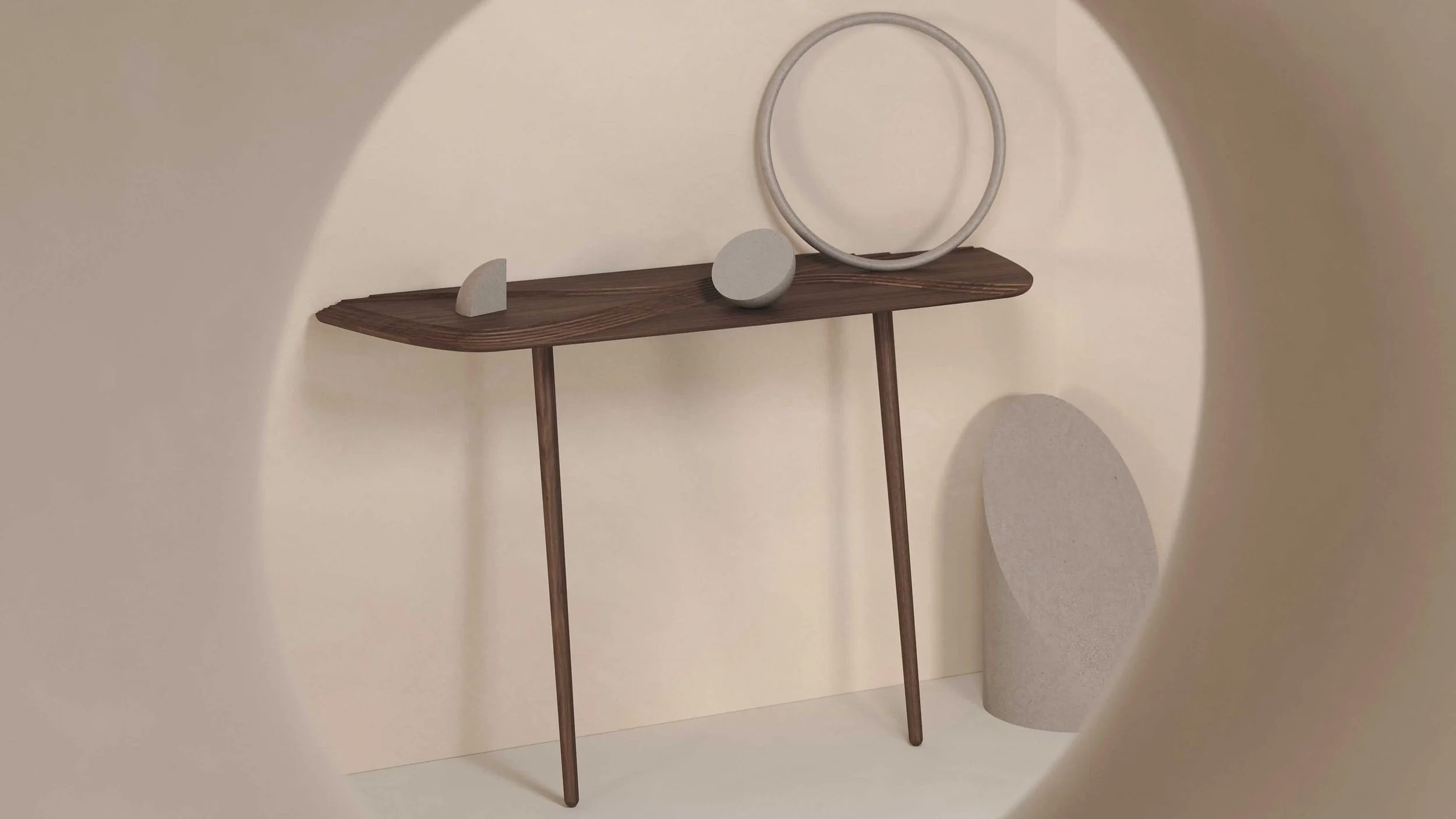 The Terrace console is both artistic and elegant in form, particularly this solid Walnut version. Perfect for hallways, living and dining rooms and narrow passageways.