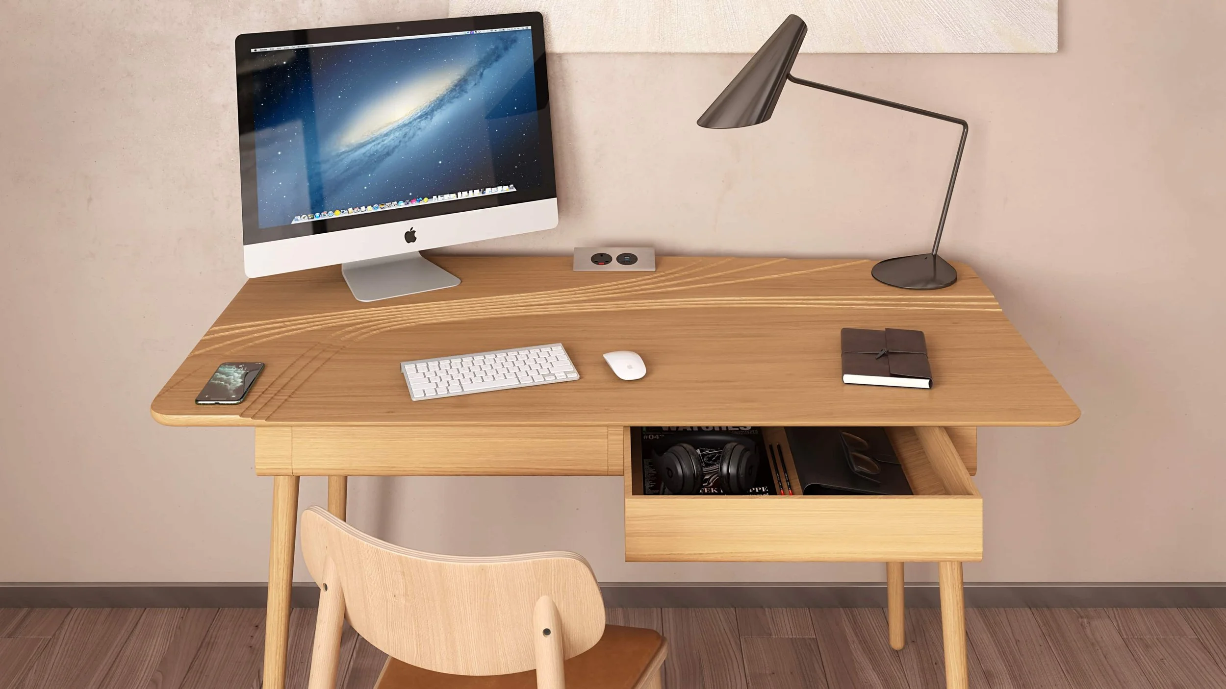 The Terrace desk offers a smart home office solution. Made from solid wood and available with optional wireless phone charging and dual desktop sockets with USB ports, the Terrace desk makes working from home a pleasure.