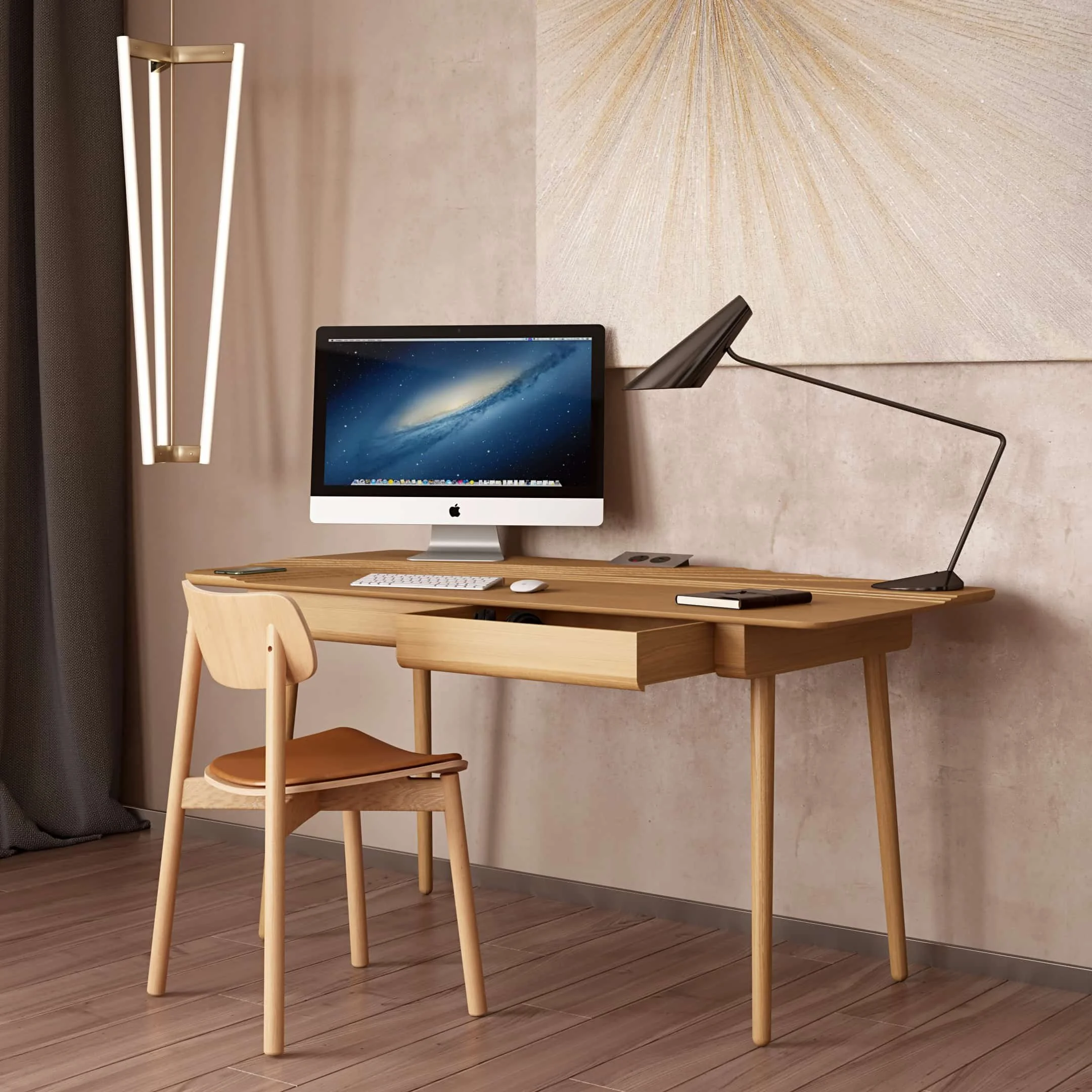 The Terrace desk is perfectly suited to those working from home. The raised platforms are designed for a desktop monitor and a table lamp, and the desk is available with hidden wireless phone charging and desktop power sockets and USB ports.