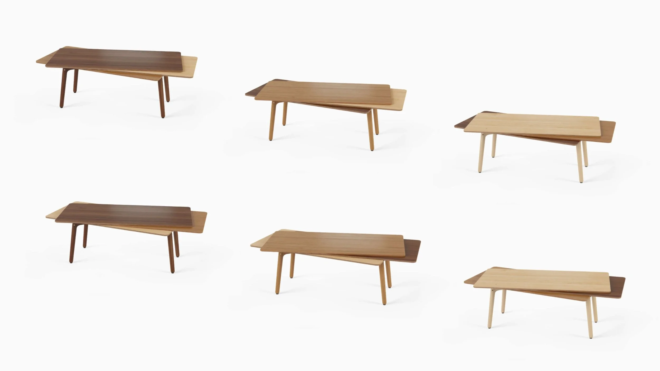 All six variations of the Stacked coffee table. Each table uses a combination of Oak, Maple and Walnut, each in a unique sequence, in order to create the 6 different colourways.