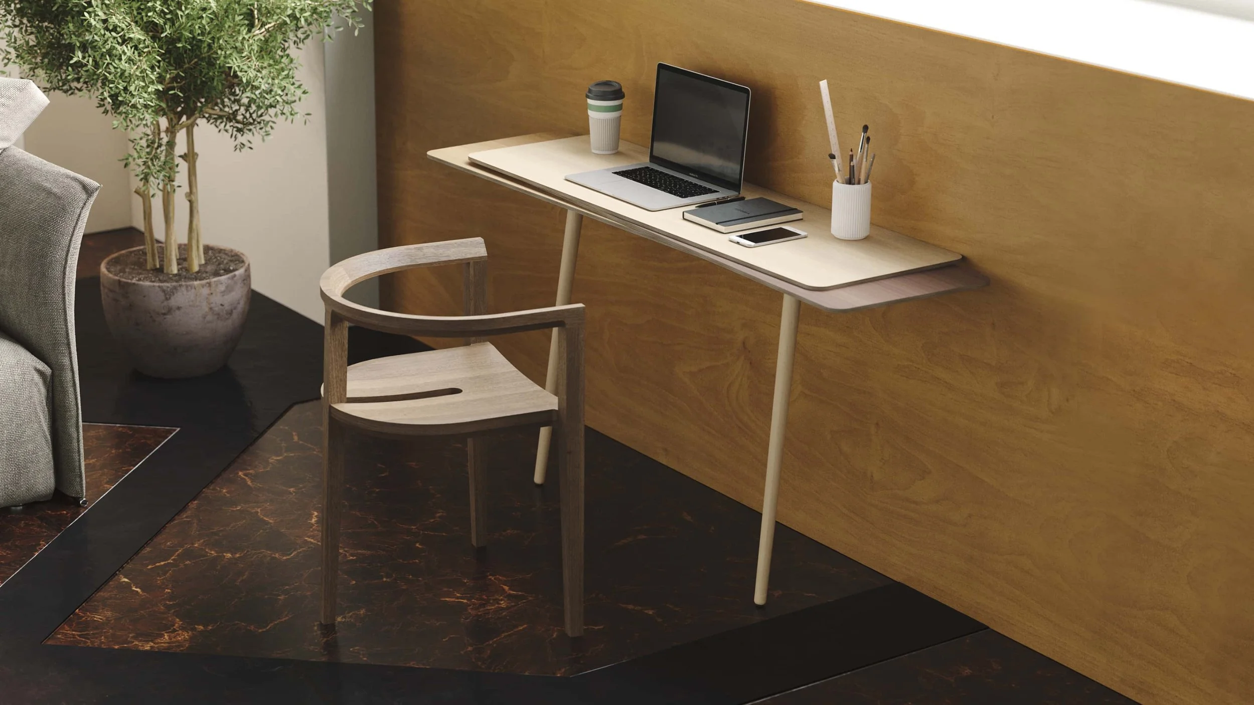 The Stacked console table in wood. This bespoke version has a larger worktop surface to enable it to be used as an occasional desk.