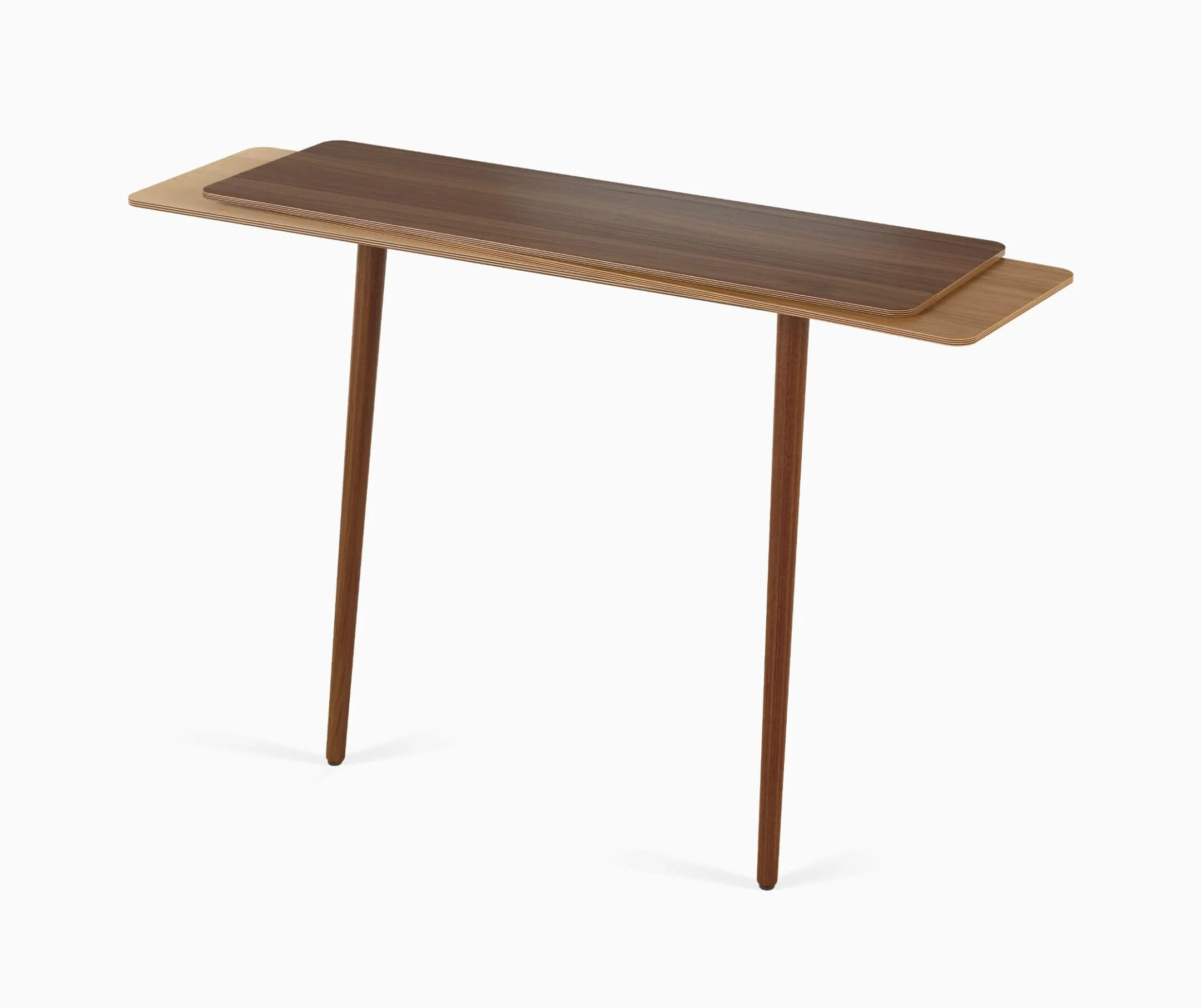 The Stacked console table in wood. This version has a Walnut top, Oak middle and Maple bottom, with solid Walnut legs.