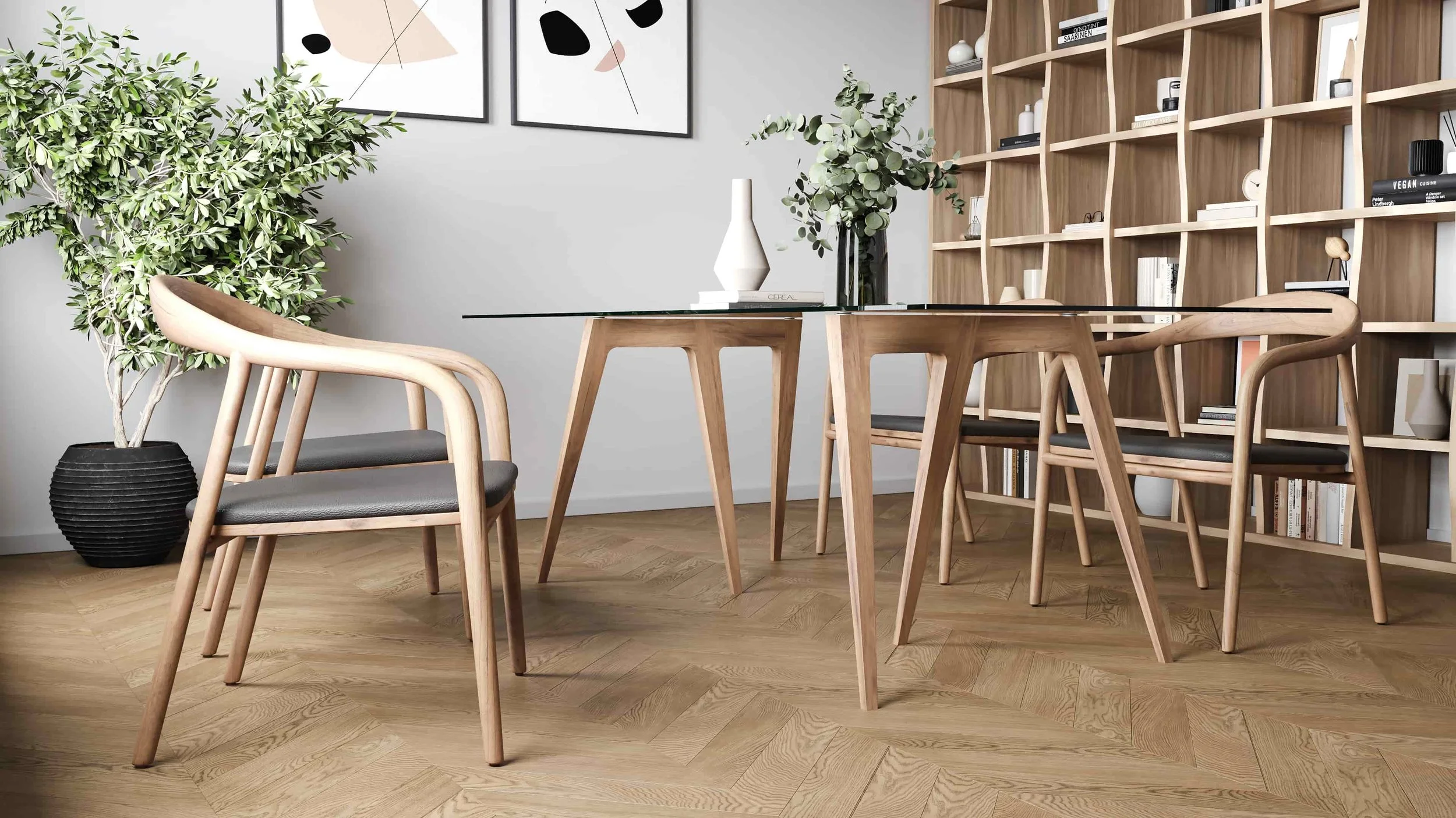 The Flex trestle table in sold Oak. Its deceivingly simple form is elegant and understated, making it well suited to all interior design schemes.