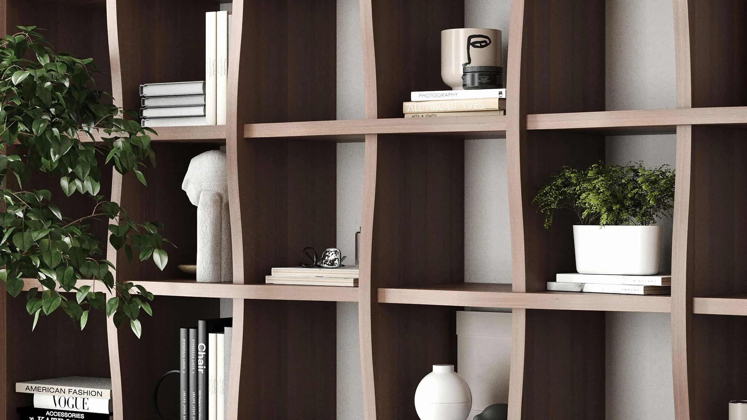 Close up view showcasing the beautifully simple, yet captivating, woven aesthetic of the Weave bookcase. The pictured unit is made of solid Walnut.