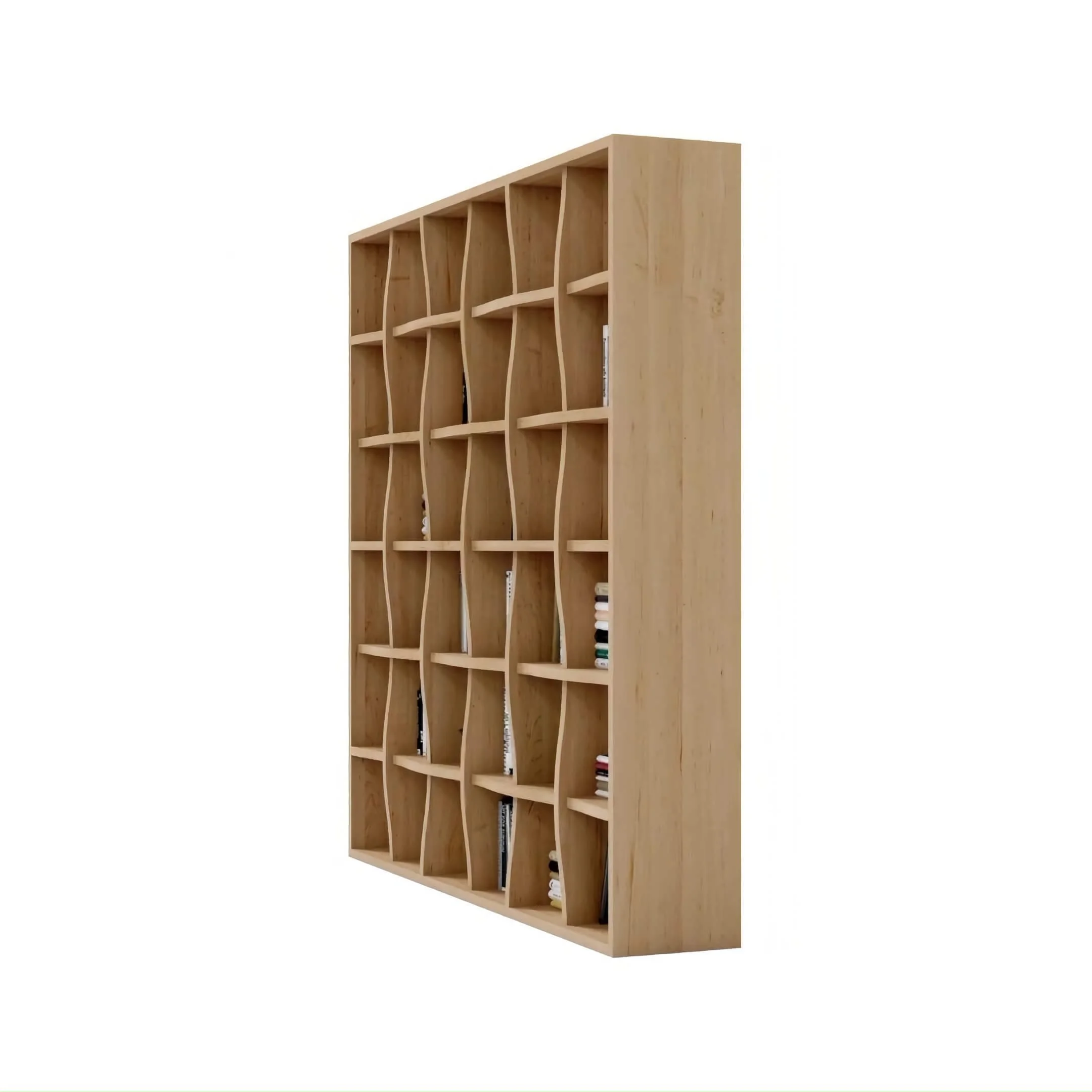 Side view of a Weave bookcase in solid Maple. At this angle the knitted aesthetic characterising the product is clearly visible.