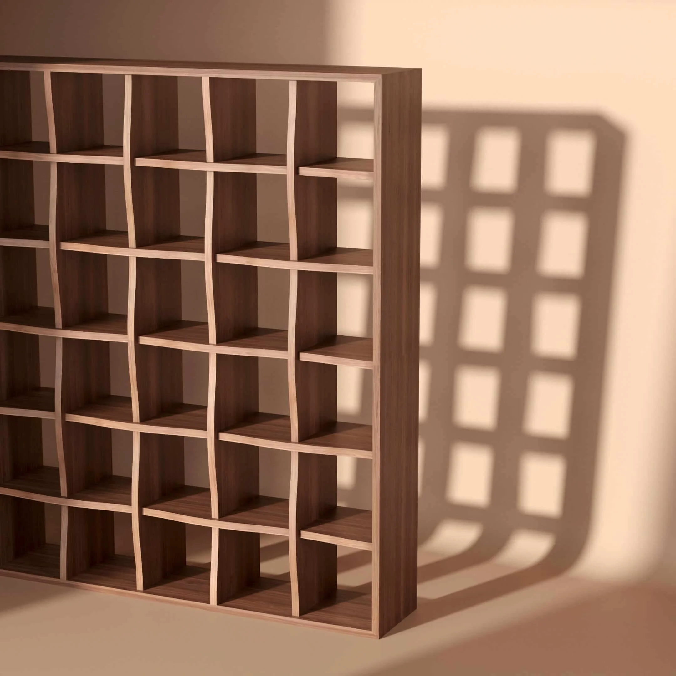 A Weave bookcase in solid Walnut. The shelves and vertical supports appear to weave together, as per its name.