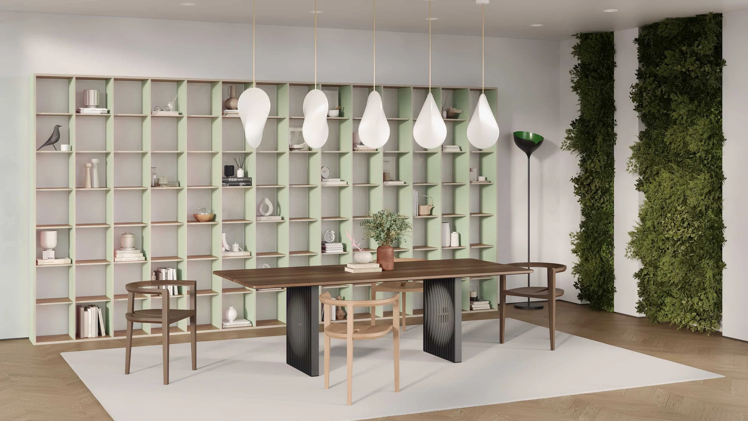 A P.O.V. (Point of View) bookcase viewed from the left side appears green because the vertical supports are green on their left sides.