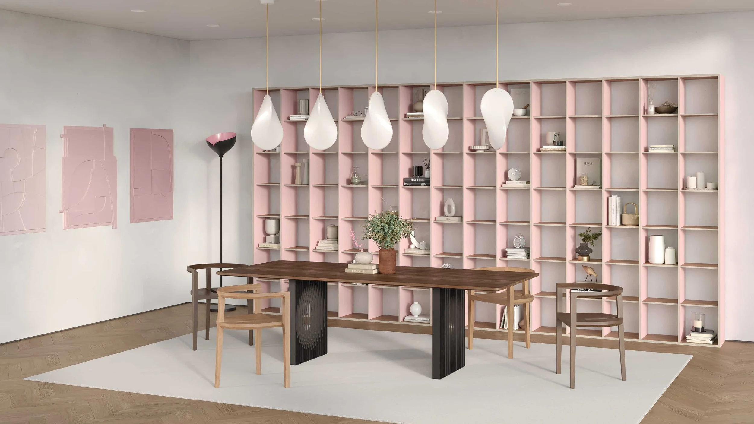 A P.O.V. (Point of View) bookcase viewed from the right side appears pink because the vertical supports are pink on their right sides.