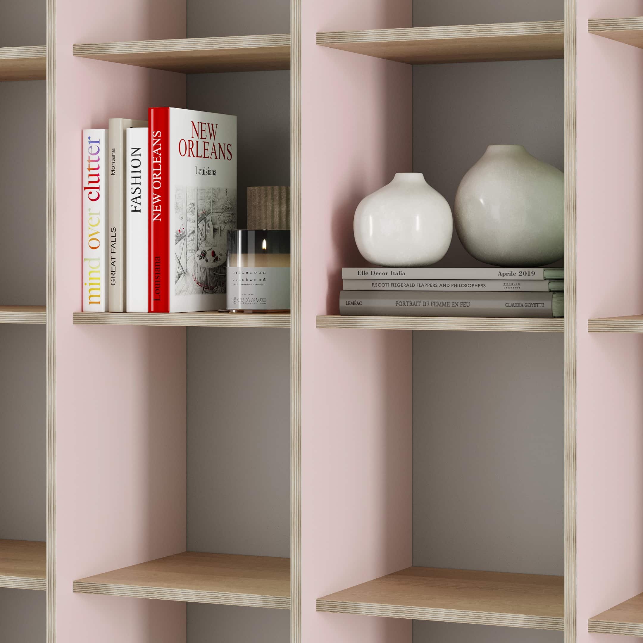 Close up of the P.O.V. bookcase, viewed from the right side of the bookcase.