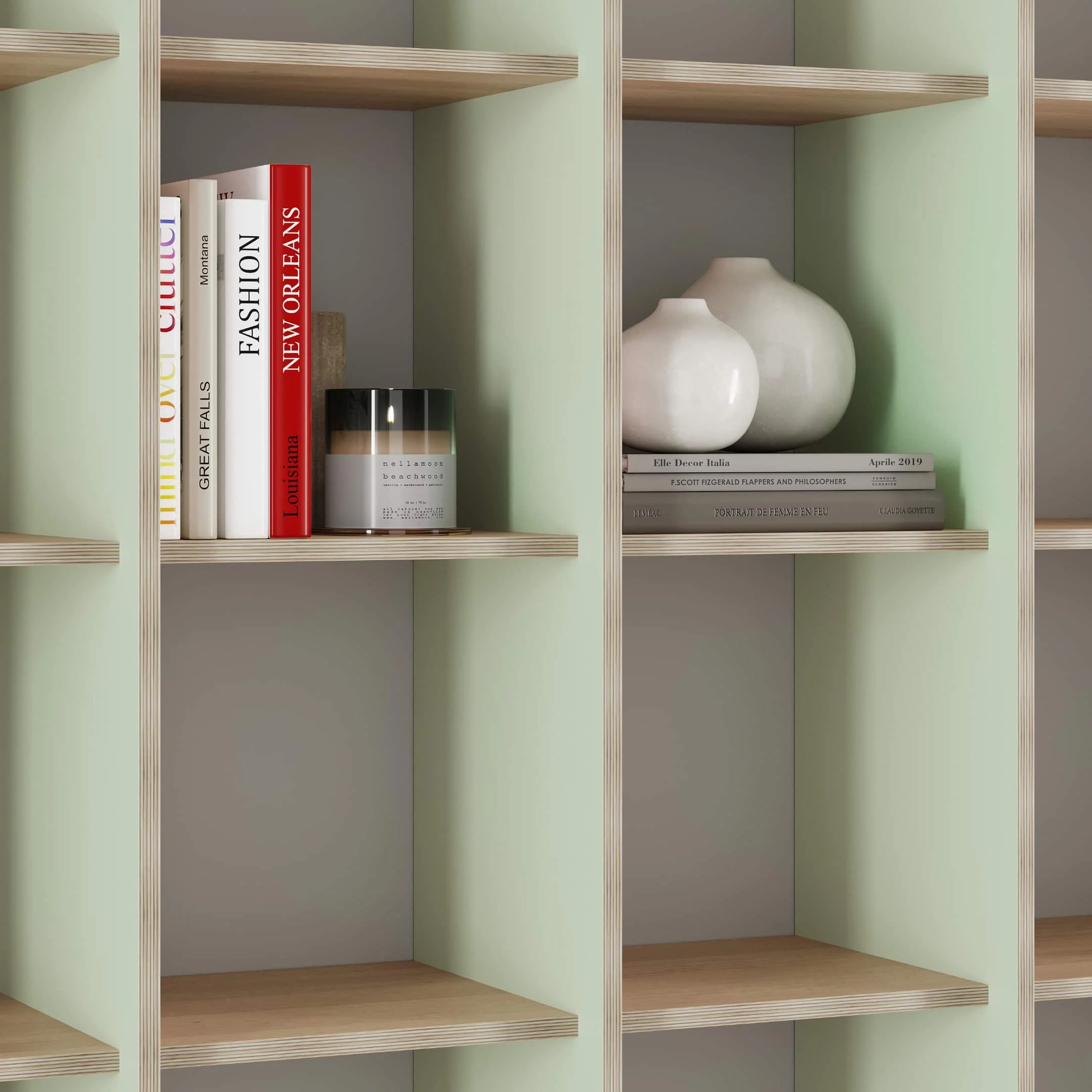Close up of the P.O.V. bookcase, viewed from the left side of the bookcase.