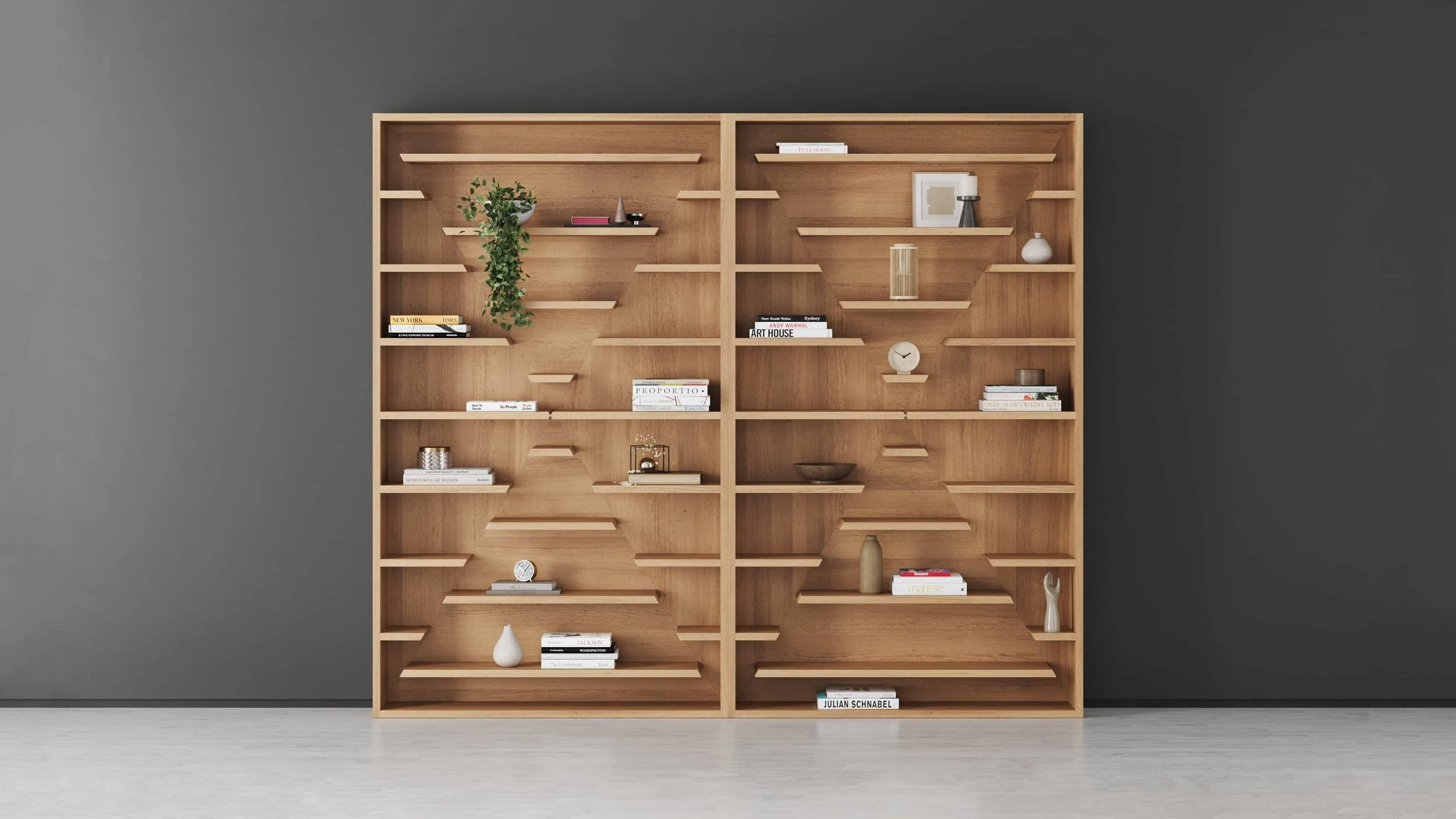 Two X-Factor bookcases installed side-by-side. The negative spaces resulting from the displaced shelves create a harlequin pattern that tessellates across multiple units.