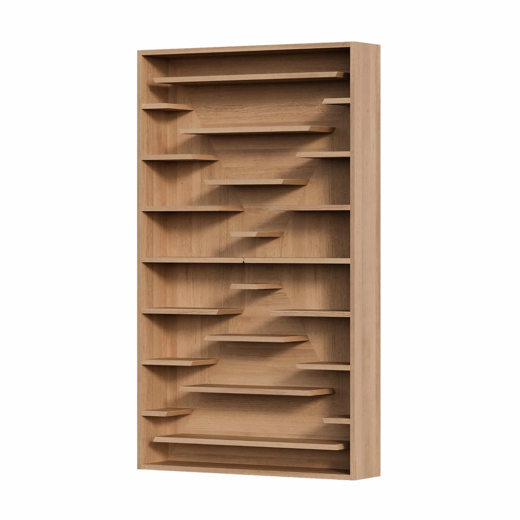 A single X-Factor bookcase in solid Oak. The displaced central shelves appear to float untethered.