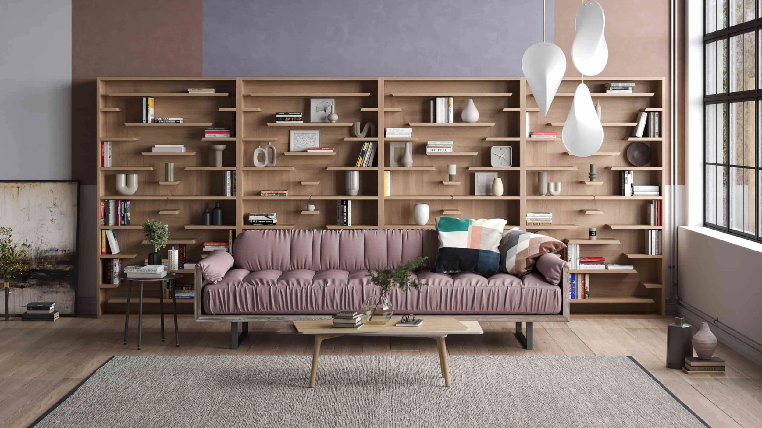 Four X-Factor bookshelves placed side-by-side against the rear wall in a shabby chic interior.