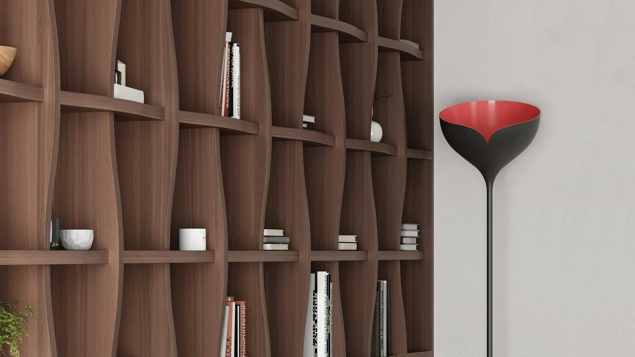 A Bloom floor light (with a black body and red head) in a residential interior.