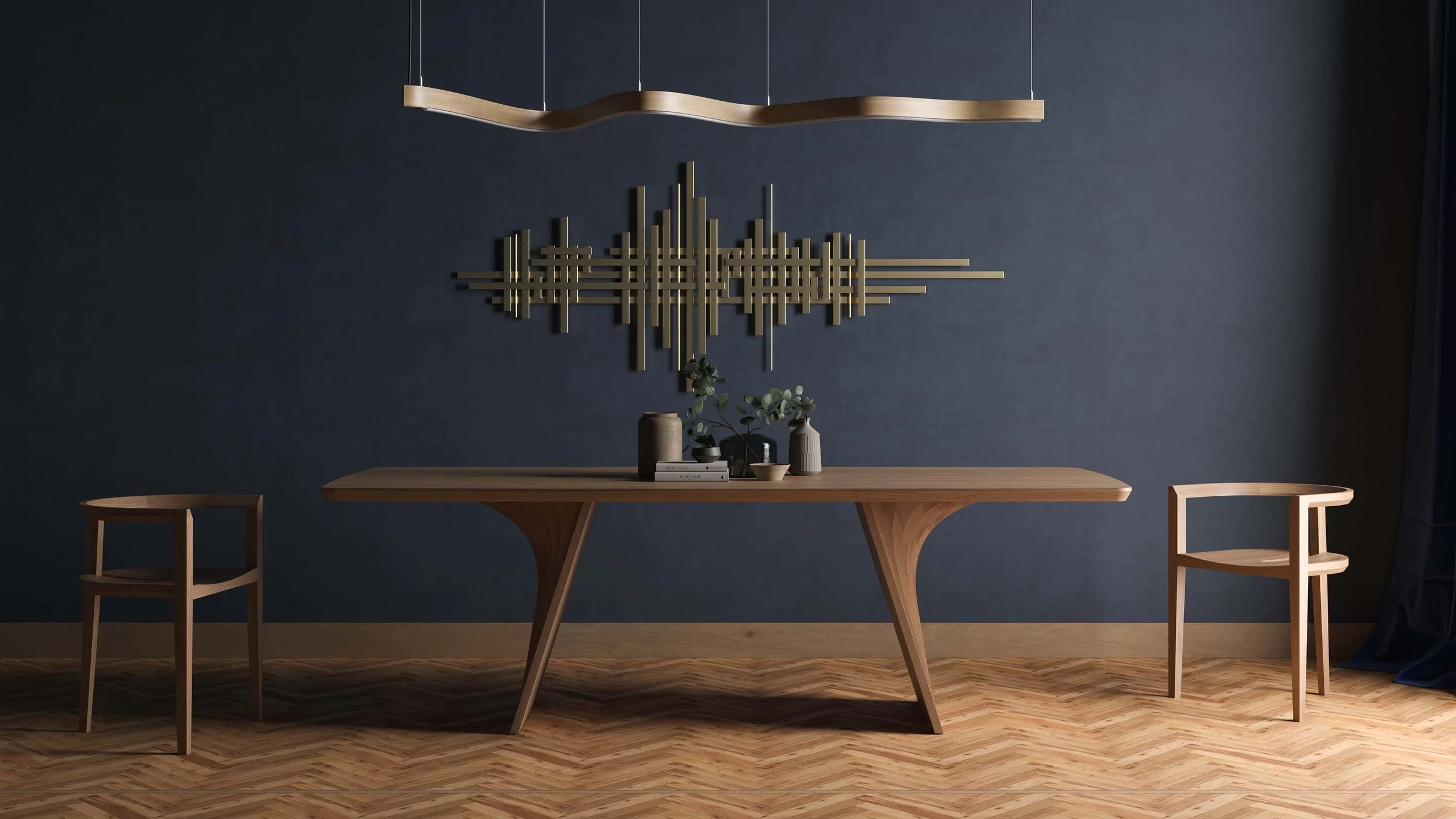 Side view of the Veer dining table in Oak. Its layered legs reference layers of sedimentary rocks.