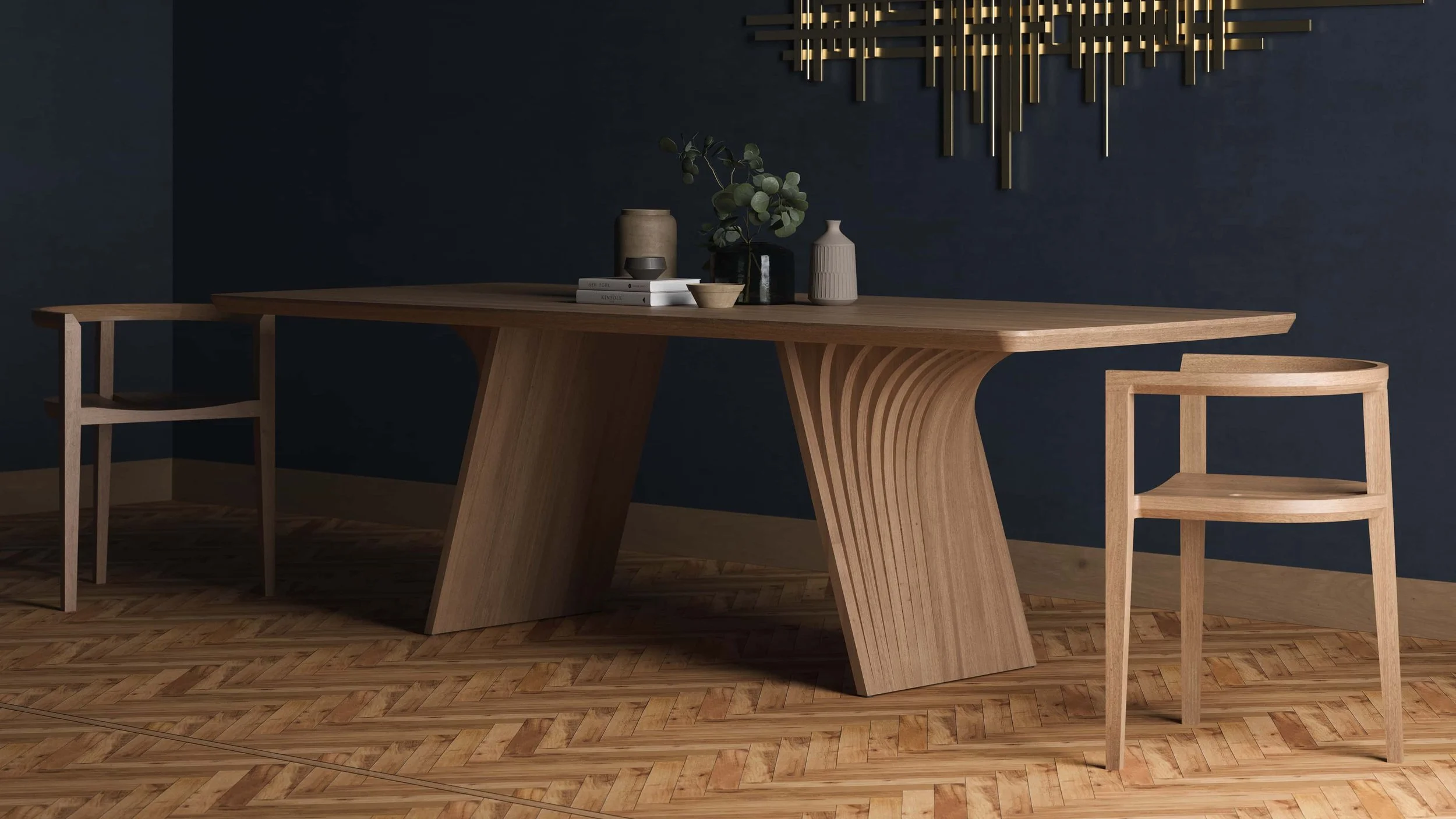 Detail view of the Veer dining table in Oak. The layers of wood making up its bases reference the different layers found in sedimentary rock formations.