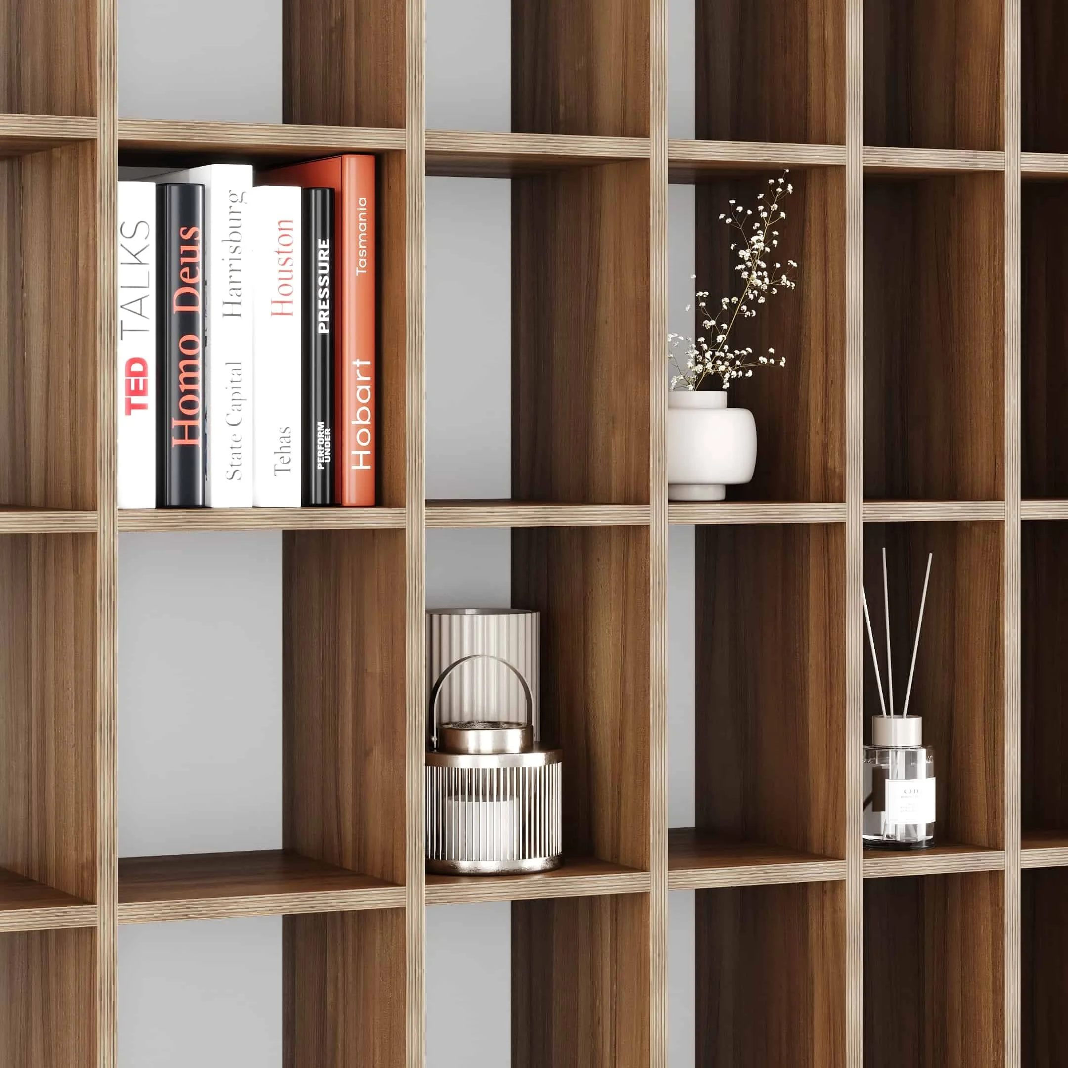 Close up view of some shelves of the Doppler bookcase.