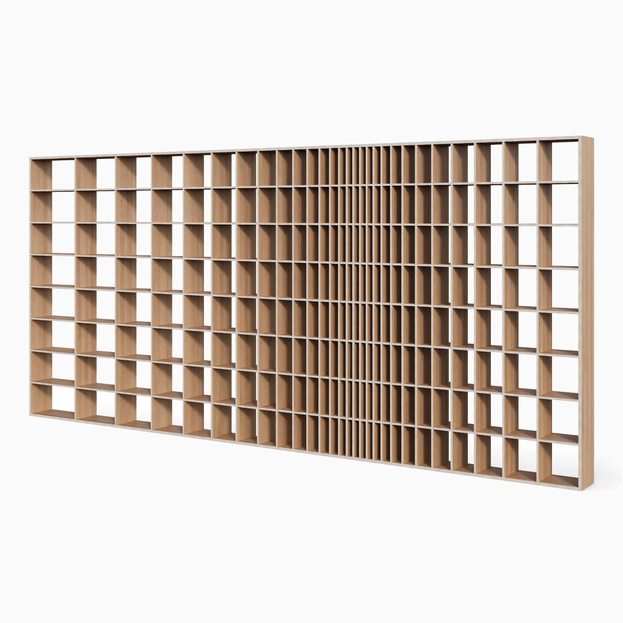 Full view of a Doppler bookcase in Oak. It's large-format design can span the length of a standard living room wall.