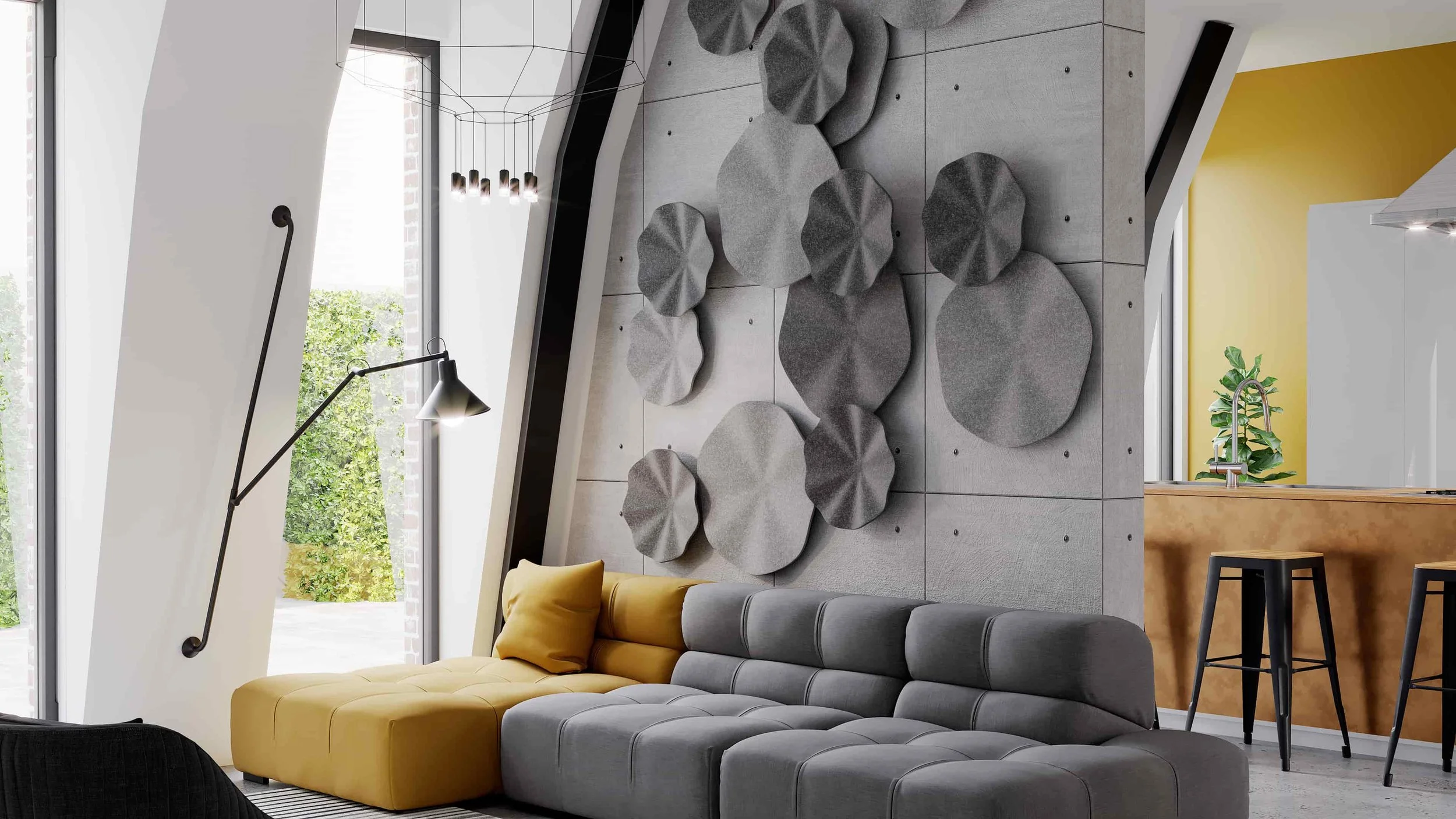 A decorative arrangement of Flutter sound absorbing wall panels adorning a feature wall in a contemporary living room.