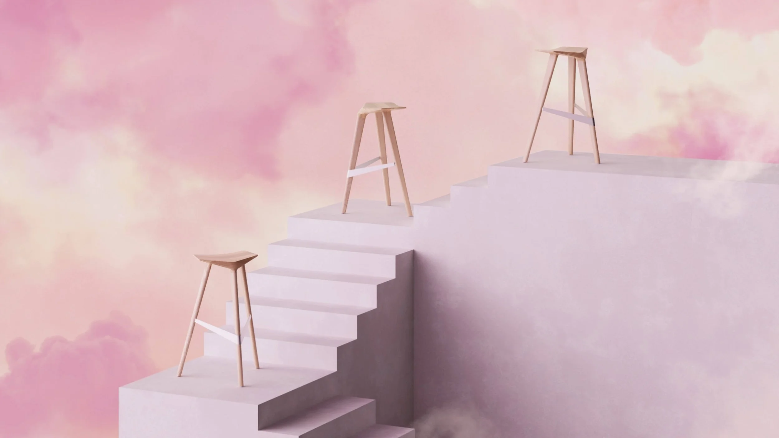 Three solid Oak Delta stools perched on a staircase high up in an abstract sky setting.