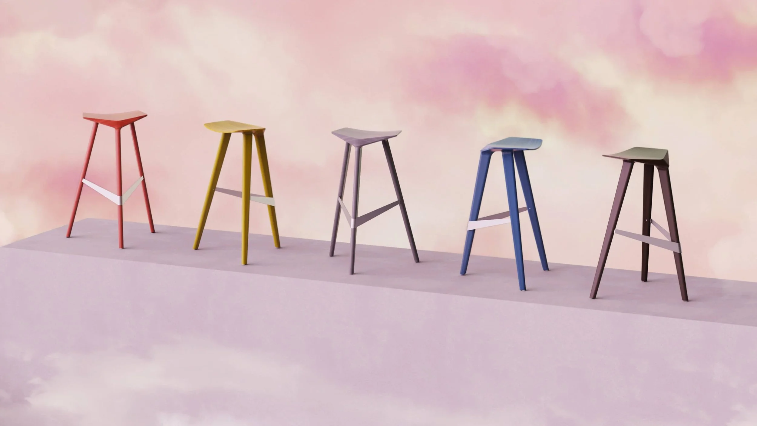 The Delta stool in 5 different colour options. The solid Oak version can be stained in any colour desired.