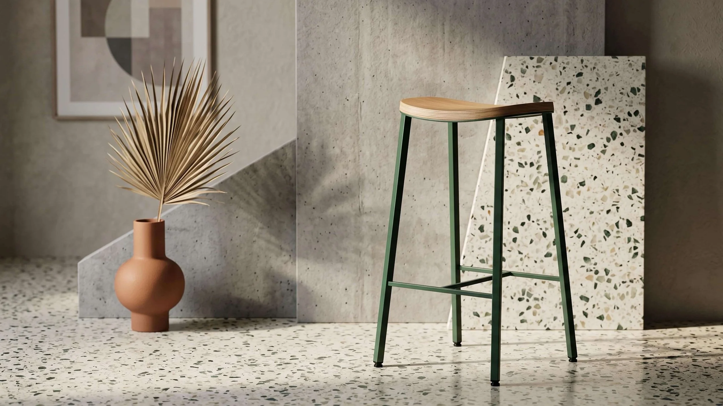 A Kanso counter stool with an Oak plywood seat and a racing green square tube frame