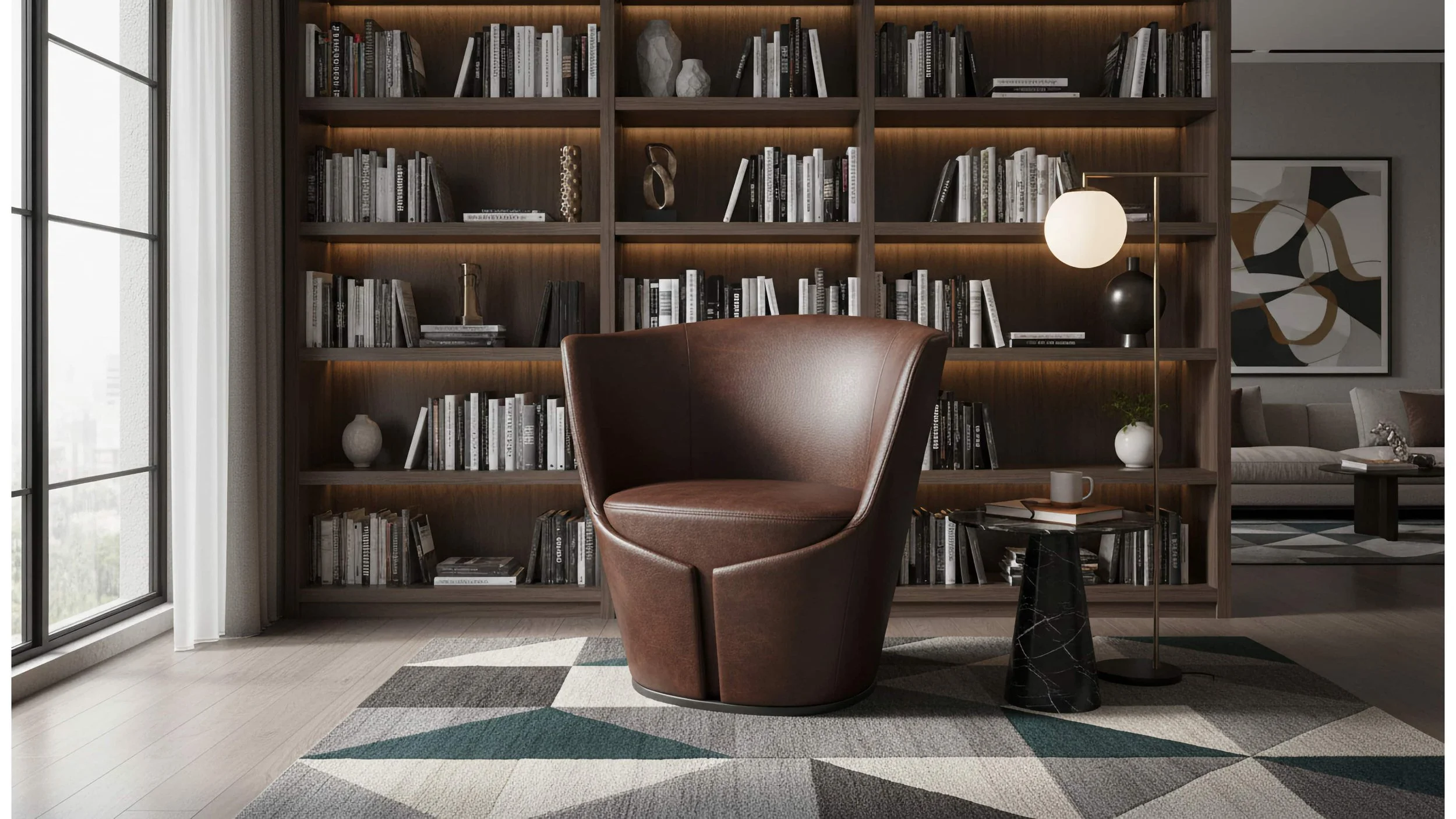 A Dapper armchair upholstered in brown leather, in a home library.