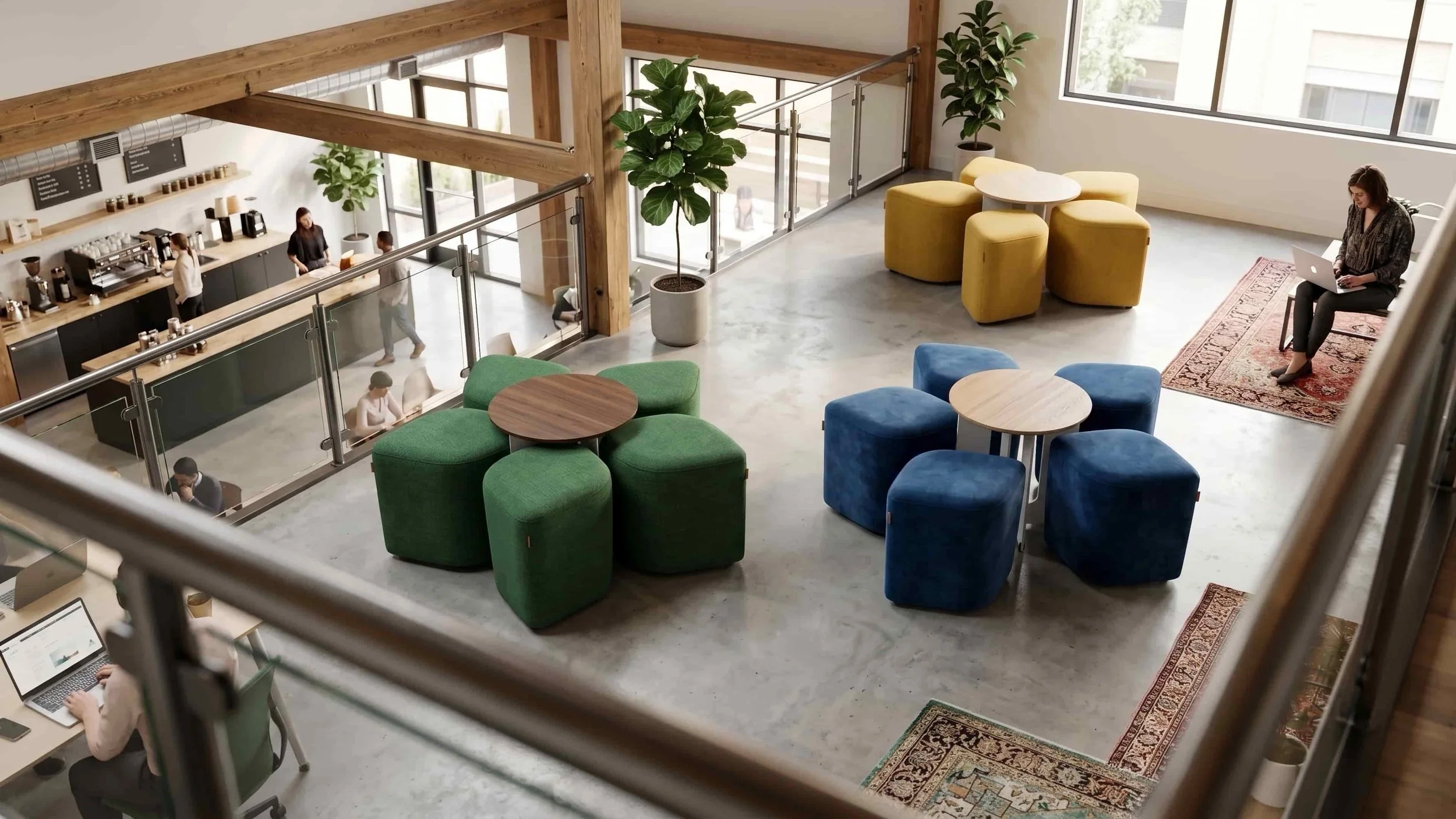 Three Blossom Seating Systems with Tables in three colour ways.